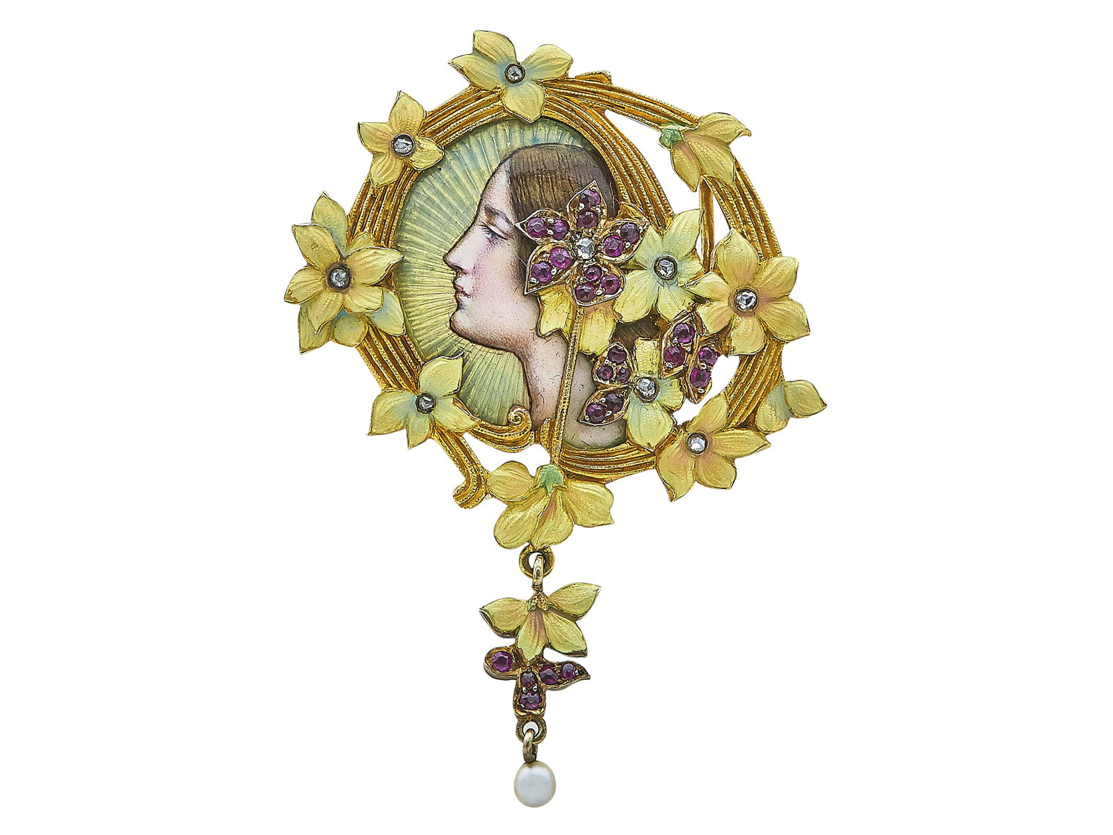 Art Nouveau Masriera 18K Yellow Gold, Enamel, Ruby, Diamond, and Pearl Brooch: BRAND: Masriera; METAL: 18K Yellow Gold; GEMSTONES: Enamel, Ruby, and Pearl; Light chipping to enamel; STAMPED: Masriera; TESTED: 18K Yellow Gold; CONDITION: Pre-owned, Very Good; ITEM WEIGHT (GRAMS):