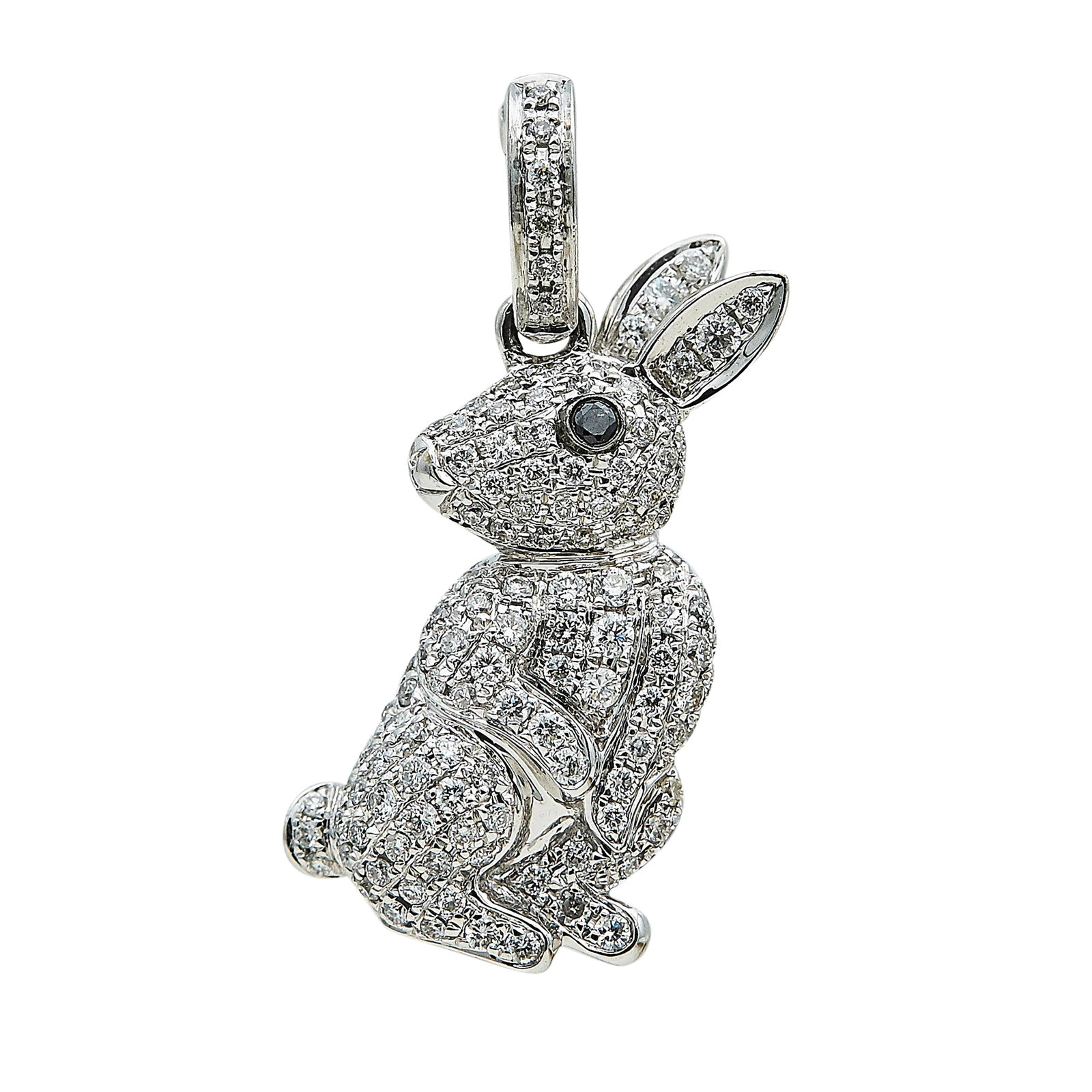 18K White Gold and Diamond Pave Bunny Pendant: METAL: 18K White Gold; APPROXIMATE TOTAL DIAMOND WEIGHT: 0.59 ctw; GEMSTONES: Black Stone; STAMPED: D059, 001, K18; CONDITION: Pre-owned, Very Good; ITEM WEIGHT (GRAMS): 4 g; MEASUREMENTS: Pendant app