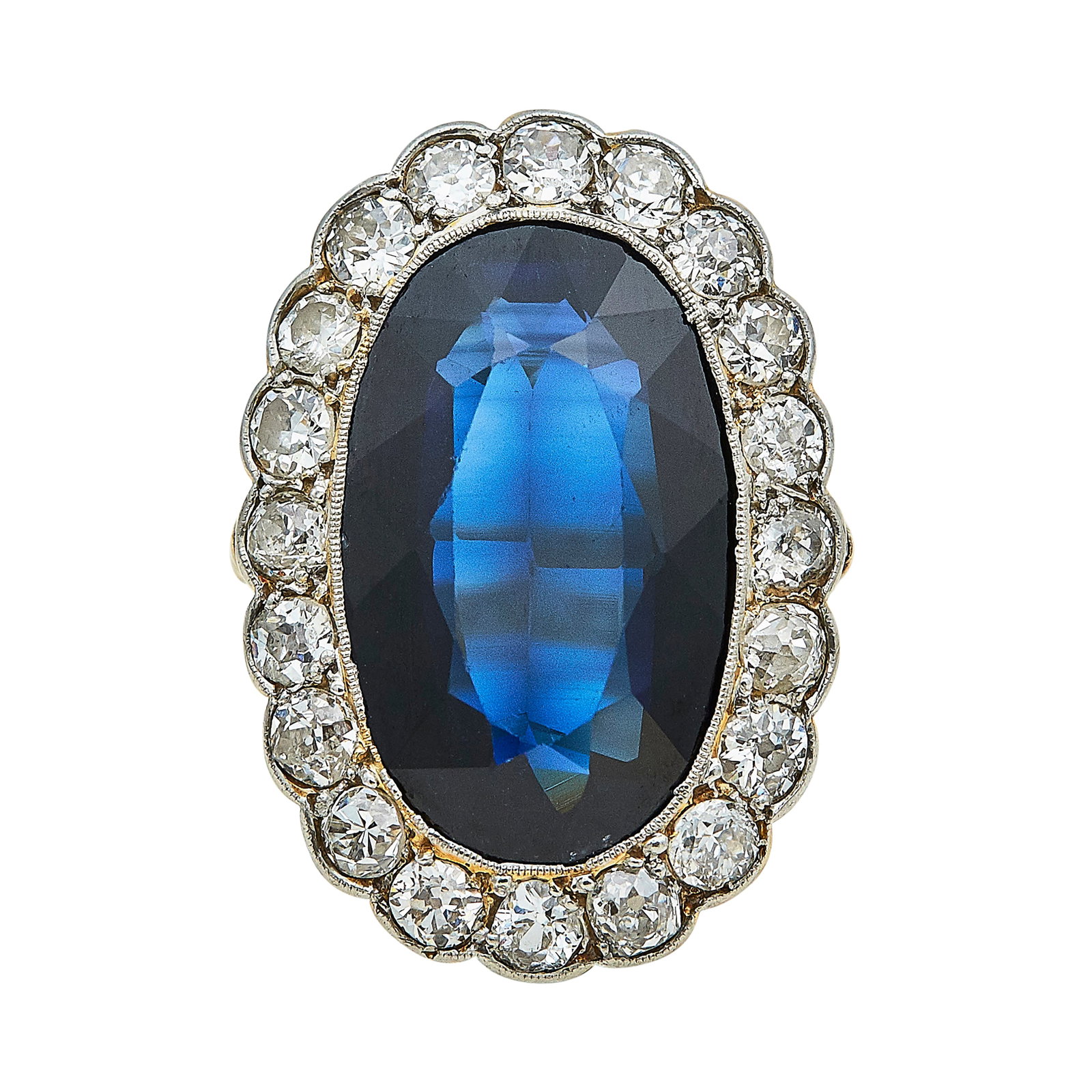 18K Yellow Gold, Platinum, Synthetic Sapphire, and Diamond Cluster Ring: METAL: 18K Yellow Gold/Platinum; APPROXIMATE TOTAL DIAMOND WEIGHT: 1.60 ctw; GEMSTONES: Synthetic Sapphire; Chips around table facet junctions; TESTED: 18K Yellow Gold/Platinum; CONDITION: Pre-owned, 