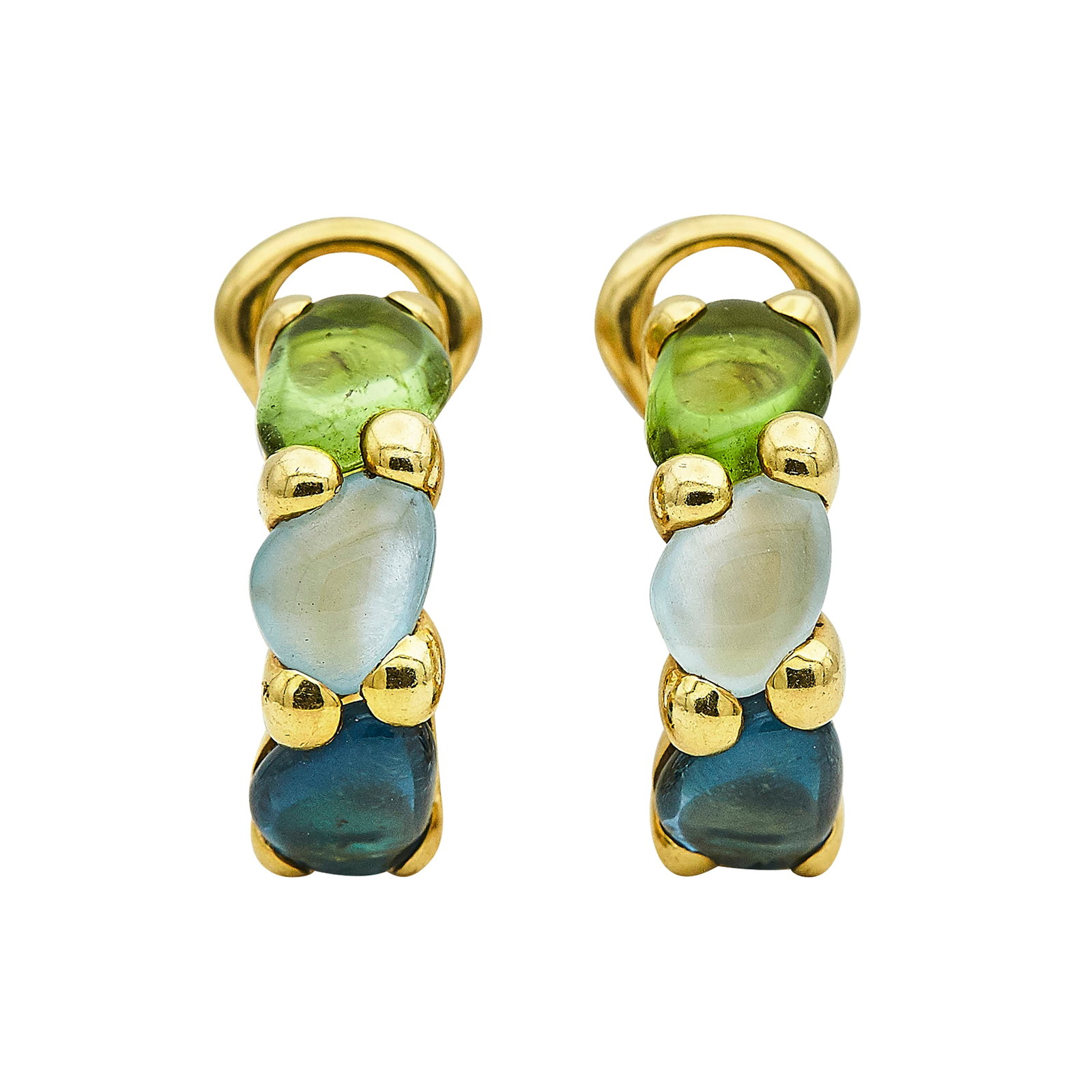 Pomellato 18K Yellow Gold, Peridot Aquamarine, and Topaz Earrings: BRAND: Pomellato; METAL: 18K Yellow Gold; GEMSTONES: Peridot, Aquamarine, and Topaz; STAMPED: Pomellato, Italian workshop mark, 750; CONDITION: Pre-owned, Very Good; ITEM WEIGHT (GRAMS): 23.1 g; MEASU