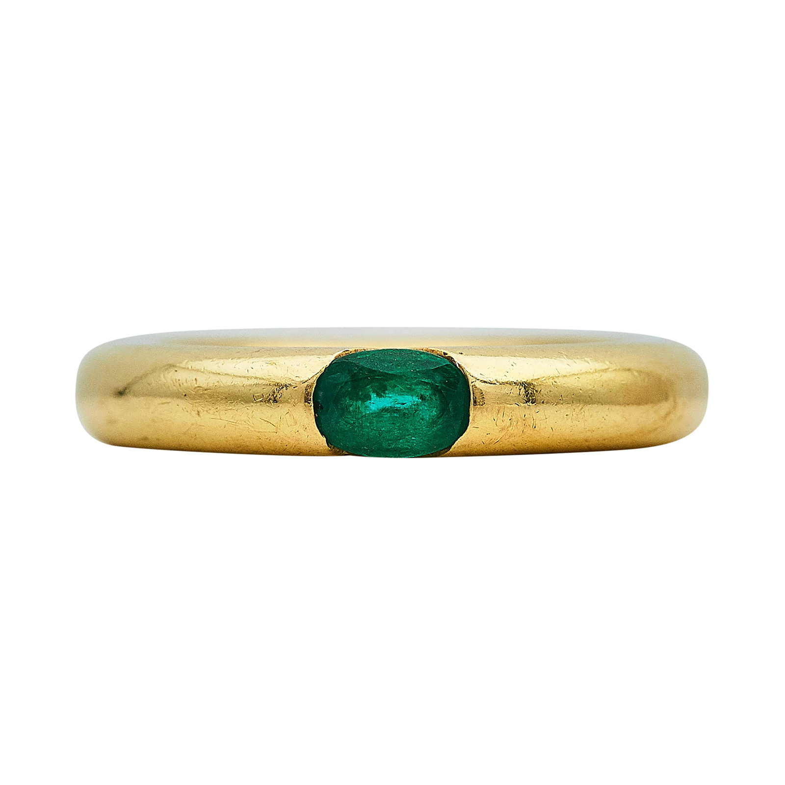 Cartier Elipse 18K Yellow Gold and Emerald Ring: BRAND: Cartier; COLLECTION: Elipse; METAL: 18K Yellow Gold; GEMSTONES: Emerald; STAMPED: 750, © Cartier, 1992, 53, B, Serial number, Cartier, French marks; CONDITION: Pre-owned, Good; ITEM WEIGHT (GR