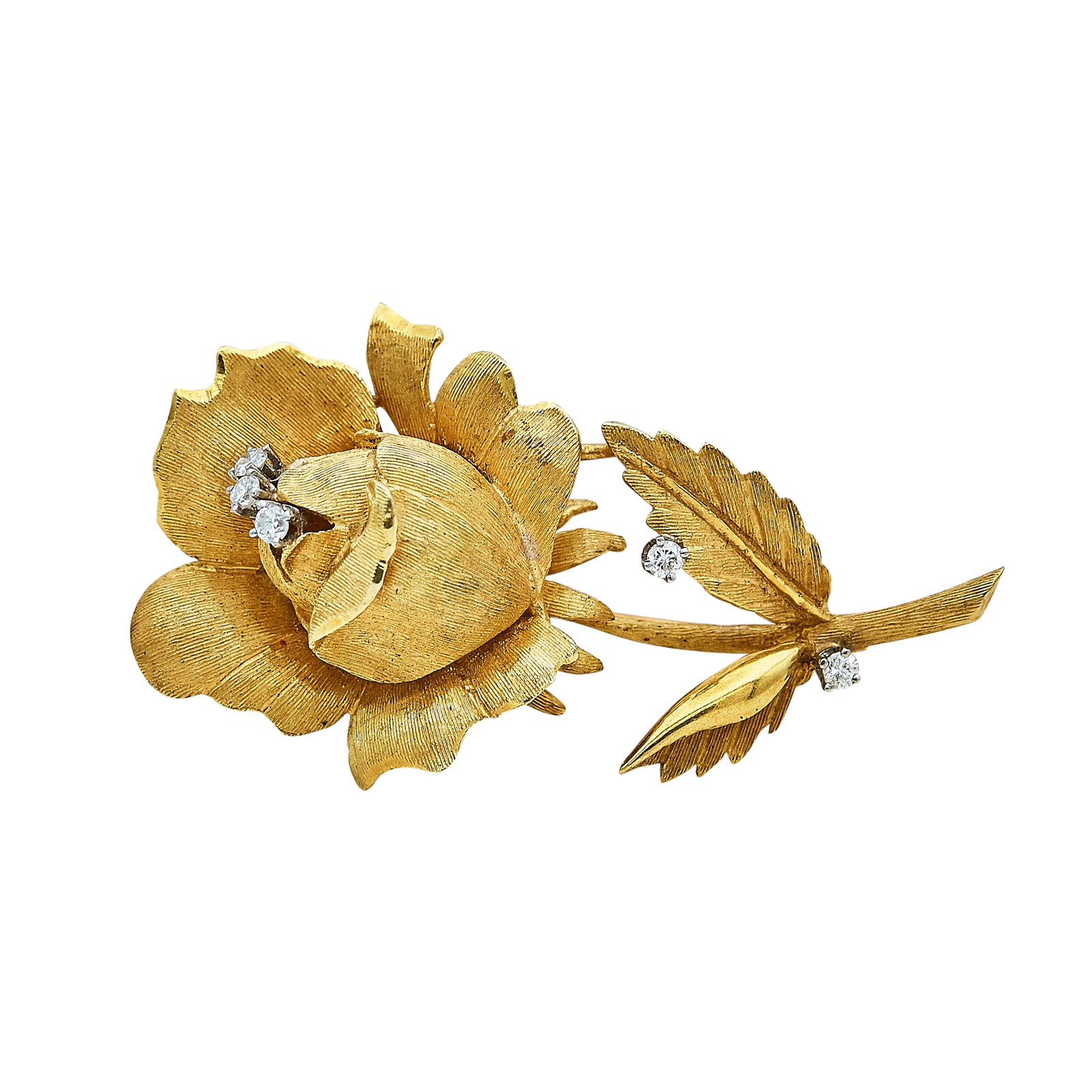 Hammerman Brothers 18K Yellow Gold and Diamond Flower Pin Brooch: BRAND: Hammerman Brothers; METAL: 18K Yellow Gold; APPROXIMATE TOTAL DIAMOND WEIGHT: 0.20 ctw; STAMPED: H, 18K; CONDITION: Pre-owned, Very Good; ITEM WEIGHT (GRAMS): 15.3 g; MEASUREMENTS: Brooch appro