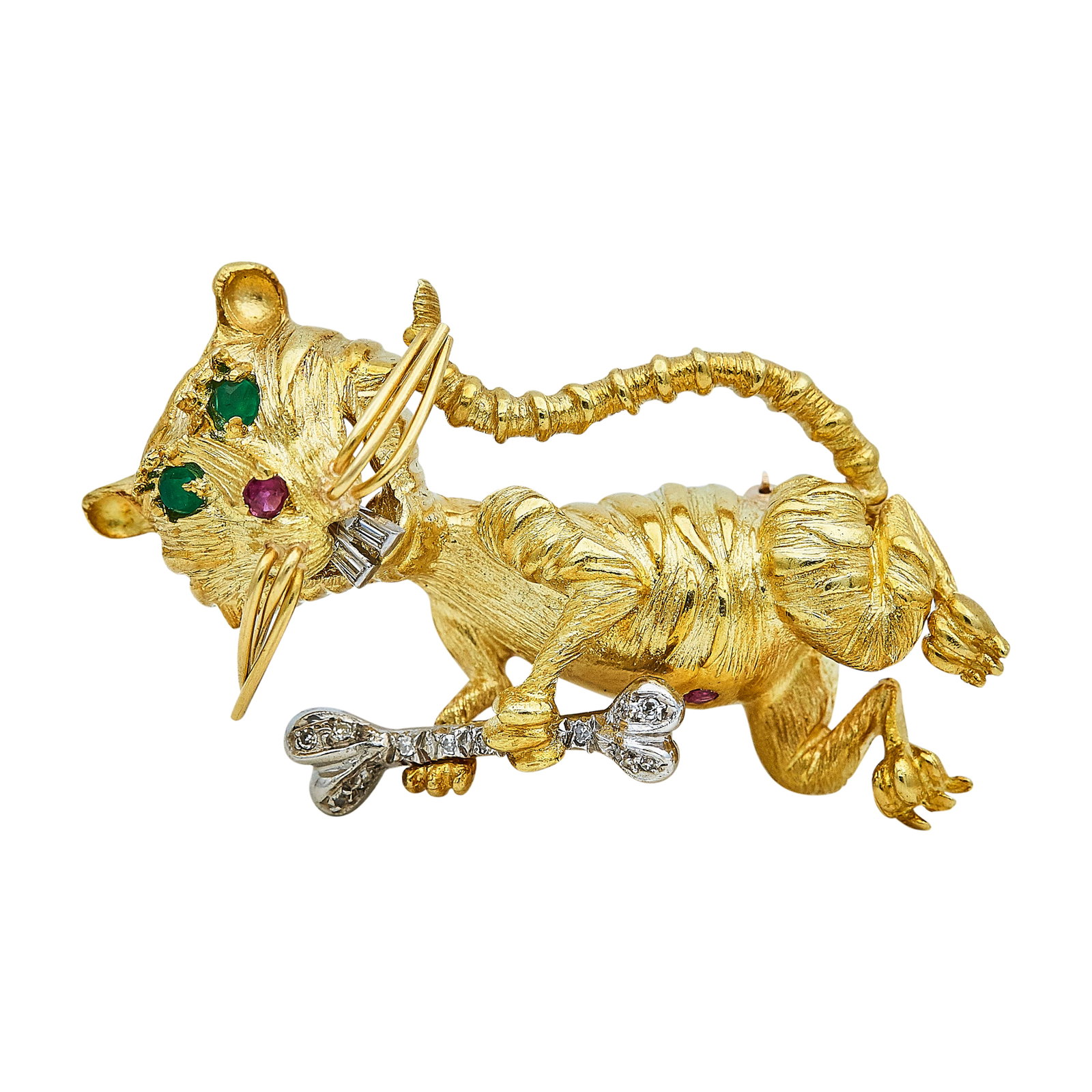 18K Yellow & White Gold, Diamond, Ruby, and Emerald Tiger Pin Brooch: METAL: 18K Yellow Gold/Platinum; APPROXIMATE TOTAL DIAMOND WEIGHT: 0.10 ctw; GEMSTONES: Ruby and Emerald; STAMPED: 18K; TESTED: 18K Yellow Gold/Platinum; CONDITION: Pre-owned, Good; ITEM WEIGHT (GRAMS