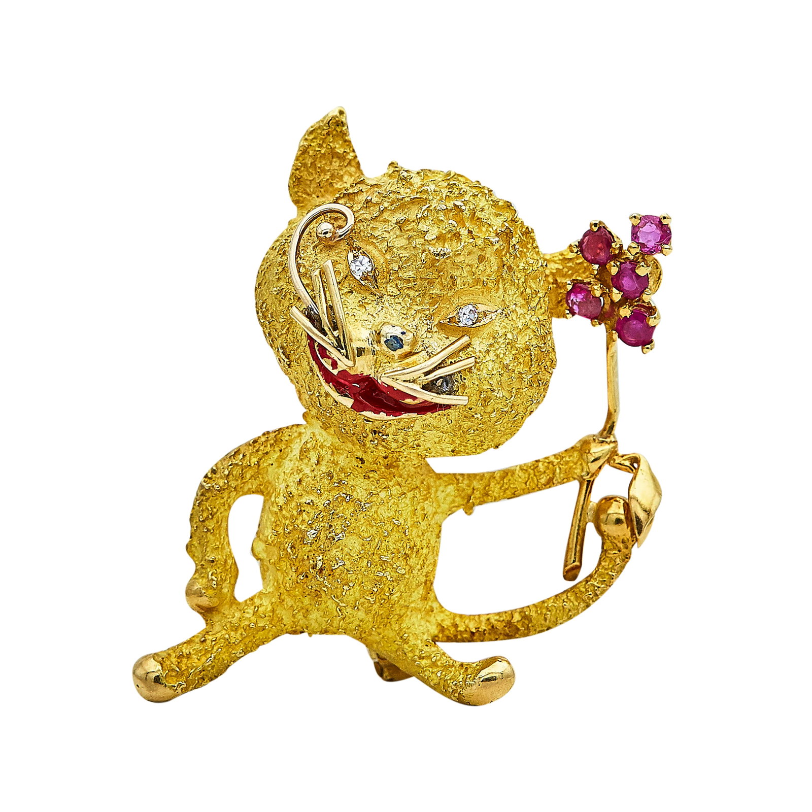 18K Yellow Gold, Ruby, and Diamond Cat Character Brooch: METAL: 18K Yellow Gold; APPROXIMATE TOTAL DIAMOND WEIGHT: 0.02 ctw; GEMSTONES: Ruby; STAMPED: SHREVE, K18, ITALY; CONDITION: Pre-owned, Good; ITEM WEIGHT (GRAMS): 16.8 g; MEASUREMENTS: Brooch approx. 
