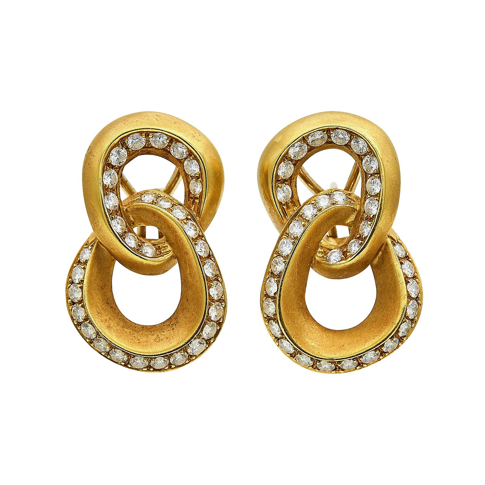 Angela Cummings 18K Yellow Gold and Diamond Figure-Eight Earrings: BRAND: Angela Cummings; METAL: 18K Yellow Gold; APPROXIMATE TOTAL DIAMOND WEIGHT: 3 ctw; STAMPED: © 1986, Cummings, 18K; CONDITION: Pre-owned, Very Good; ITEM WEIGHT (GRAMS): 14.2 g; MEASUREMENTS: Ea