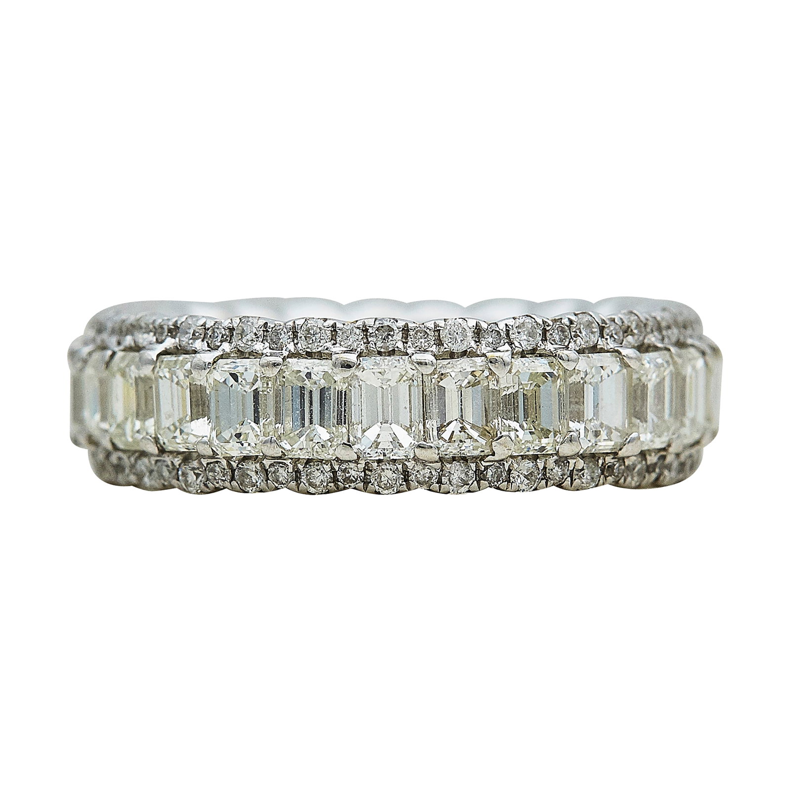 18K White Gold and Diamond Eternity Band Ring: METAL: 18K White Gold; APPROXIMATE TOTAL DIAMOND WEIGHT: 2.01 ctw; STAMPED: 18K; CONDITION: Pre-owned, Very Good; ITEM WEIGHT (GRAMS): 4.7 g; MEASUREMENTS: Ring size 6