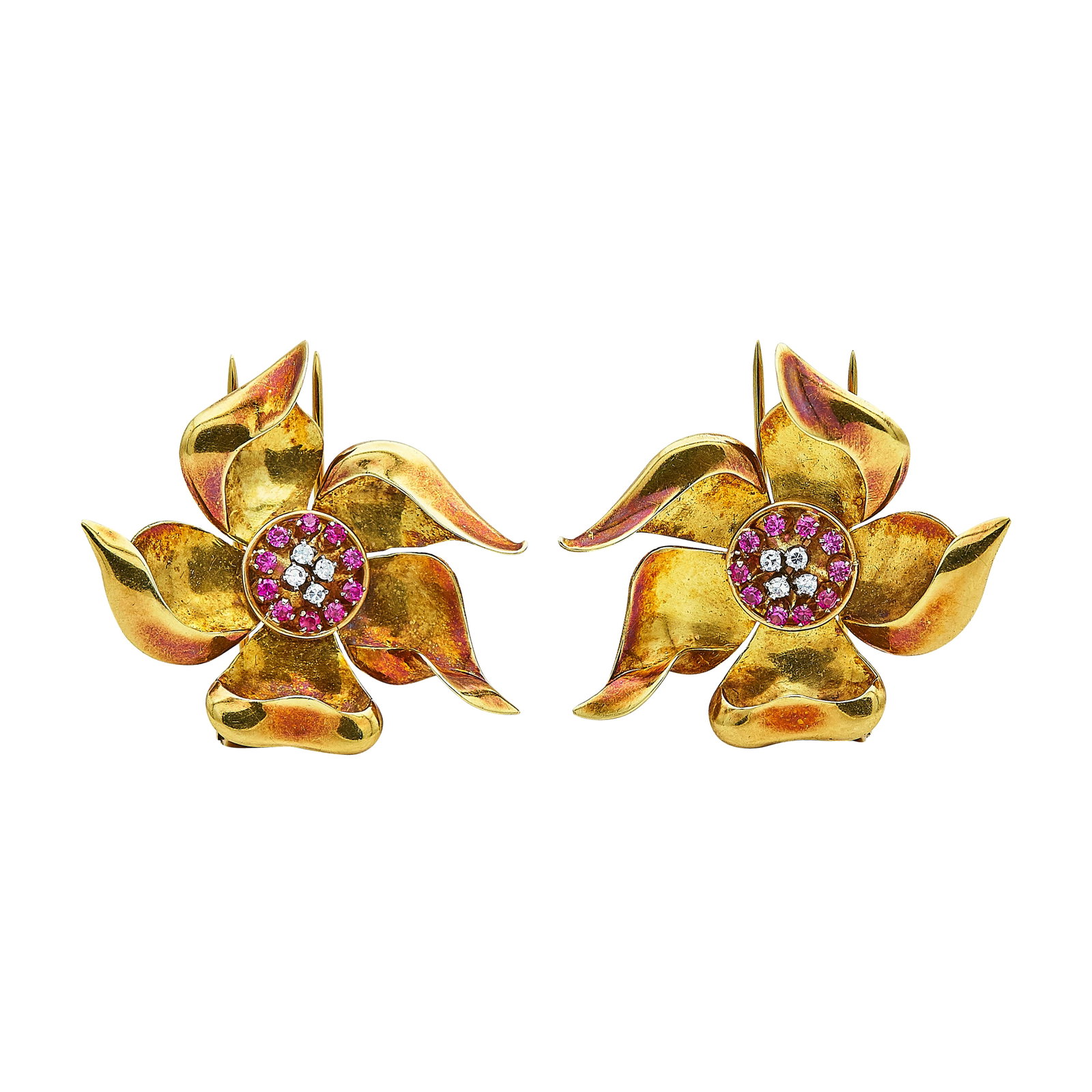 18K Yellow Gold, Ruby, and Diamond Flower Brooch Set (1 of 3)