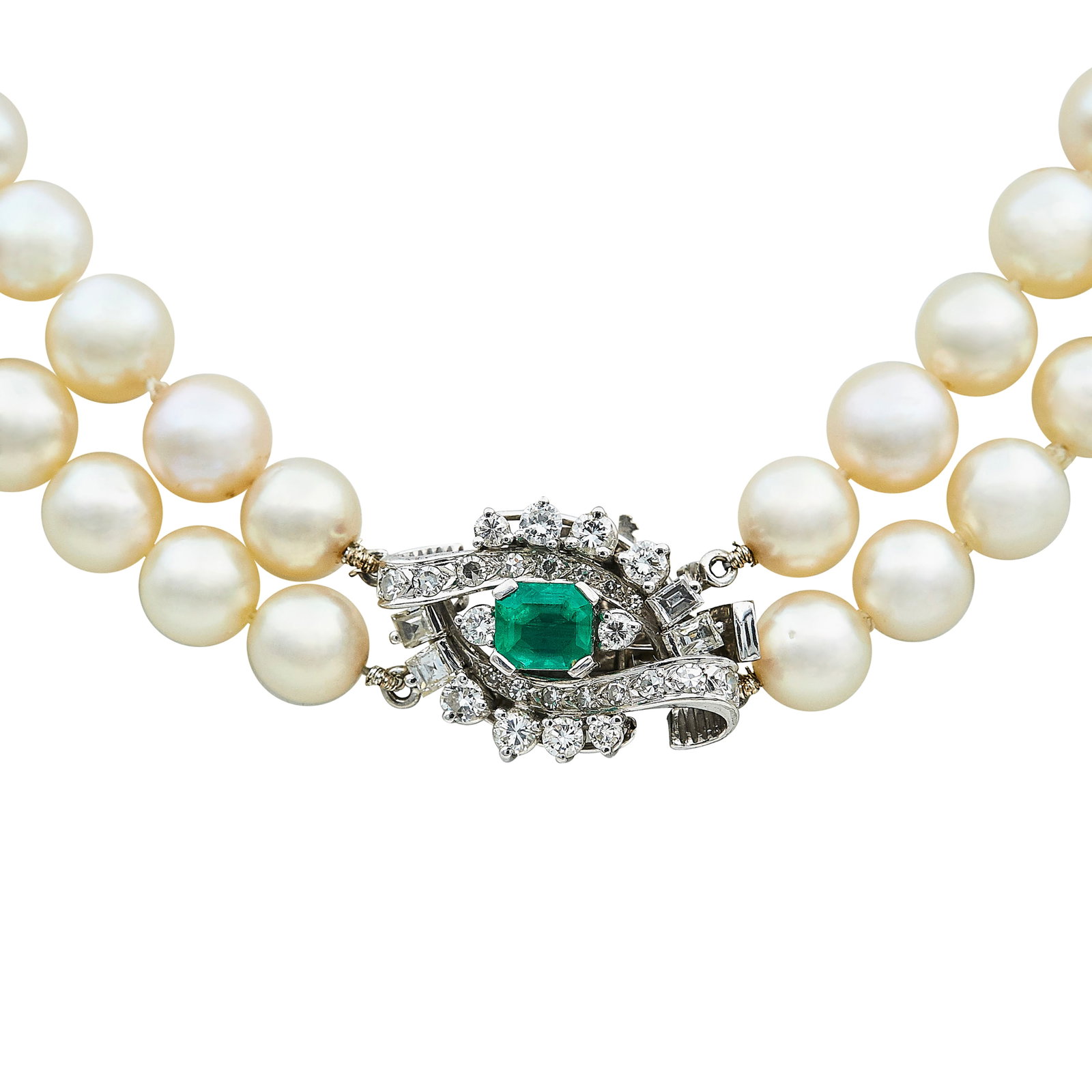 Platinum, Emerald, Diamond, and Pearl Double-Strand Necklace (1 of 4)