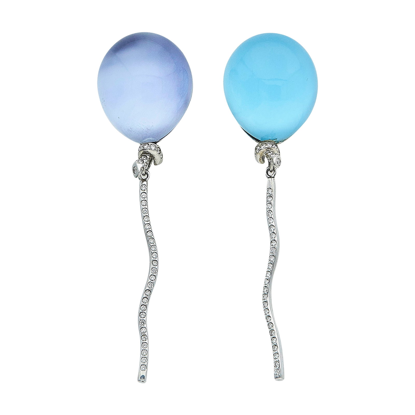 18K White Gold, Turquoise & Quartz Doublet, Mother of Pearl & Quartz Doublet, and Diamond Balloon: METAL: 18K White Gold; APPROXIMATE TOTAL DIAMOND WEIGHT: 0.38 ctw; GEMSTONES: Turquoise and Quartz Doublet & Mother of Pearl and Quartz Doublet; STAMPED: Backs marked: 750, Undefined marks; CONDITION:
