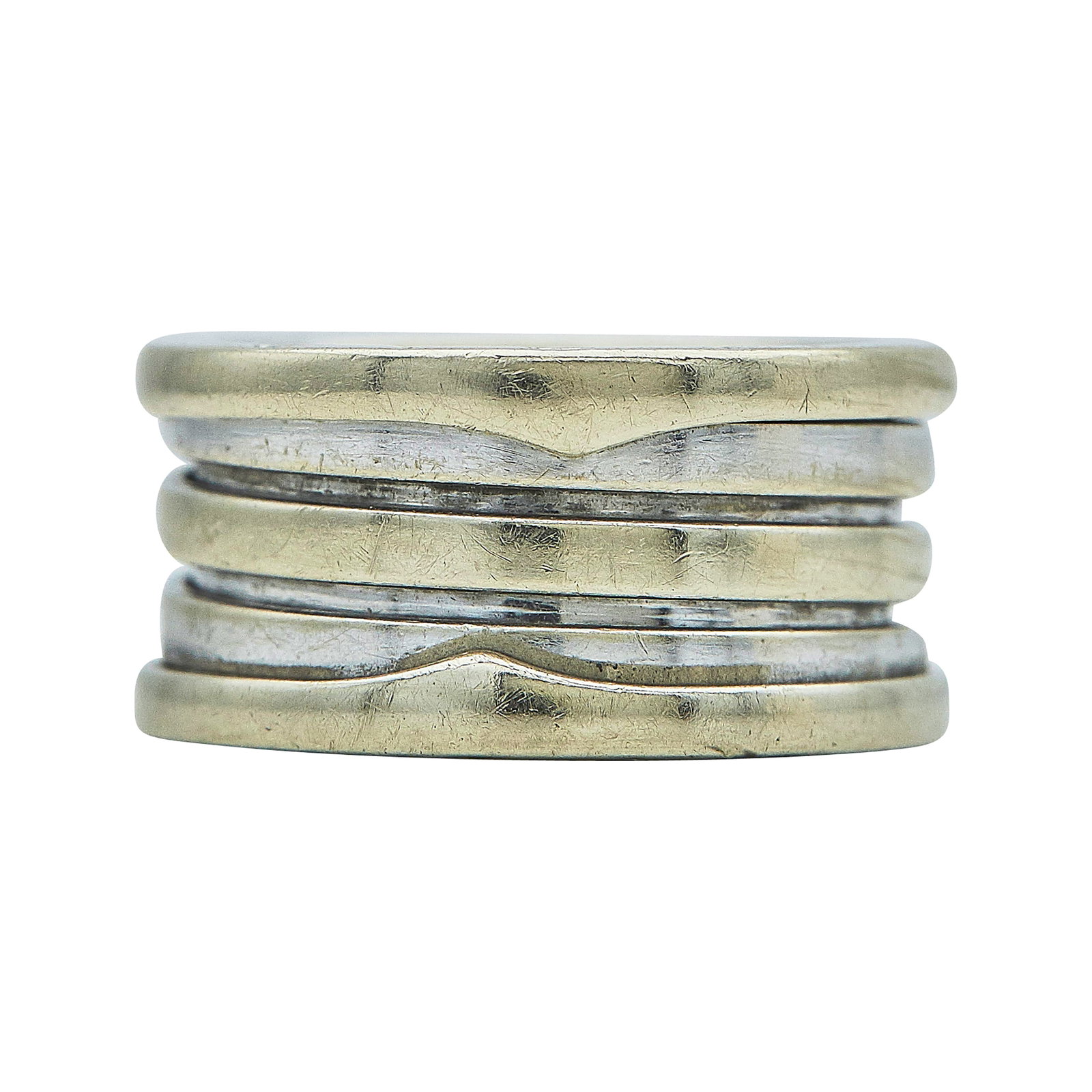 Bulgari Bvlgari B.zero1 18K White Gold Band Ring: BRAND: Bulgari; COLLECTION: B.zero1; METAL: 18K White Gold; STAMPED: 54, Made in Italy, 750, Italian workshop mark, Bvlgari; CONDITION: Pre-owned, Good; ITEM WEIGHT (GRAMS): 10.7 g; MEASUREMENTS: Bvlg