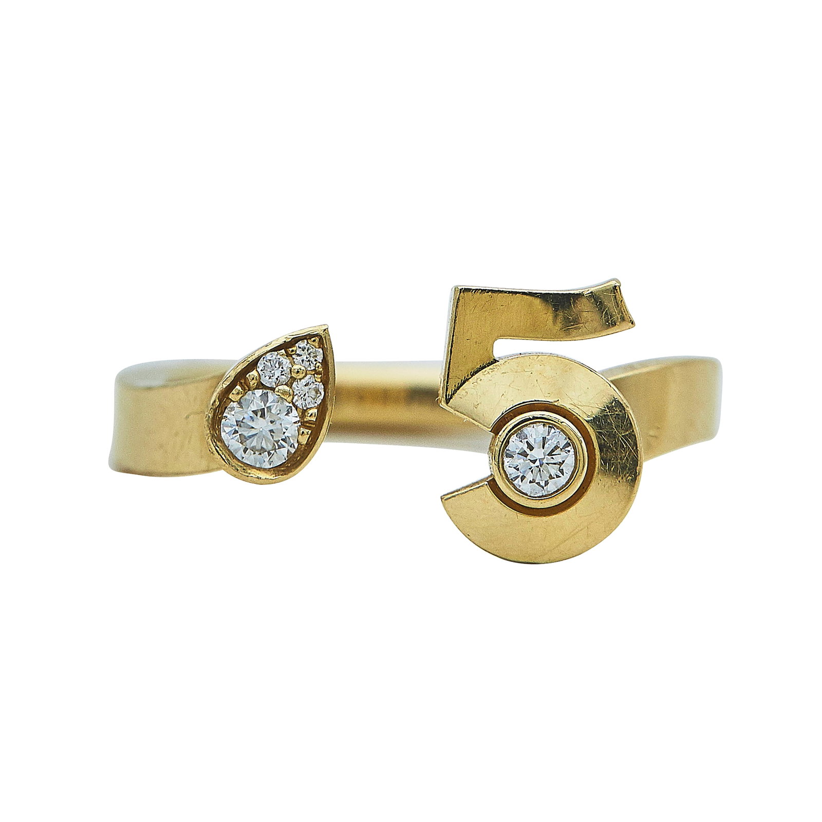 Chanel Extrait de N°5 18K Yellow Gold and Diamond Ring: BRAND: Chanel; METAL: 18K Yellow Gold; APPROXIMATE TOTAL DIAMOND WEIGHT: 0.13 ctw; STAMPED: © Chanel, 54, Serial number, Au750, Maker's marks; CONDITION: Pre-owned, Good; ITEM WEIGHT (GRAMS): 5.3 g; 