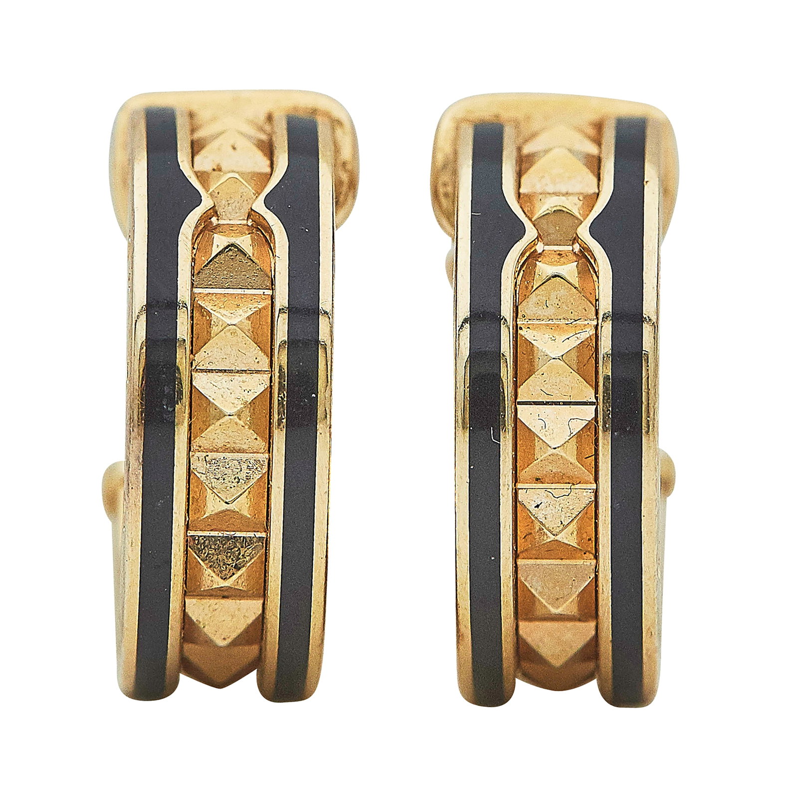 Bulgari B.zero1 Rock 18K Rose Gold and Black Ceramic Huggie Earrings: BRAND: Bulgari; COLLECTION: B.zero1; METAL: 18K Rose Gold/Ceramic; STAMPED: Au750, Italian workshop mark, Made in Italy, R(L), Serial number; CONDITION: Pre-owned, Good; ITEM WEIGHT (GRAMS): 9.4 g; ME