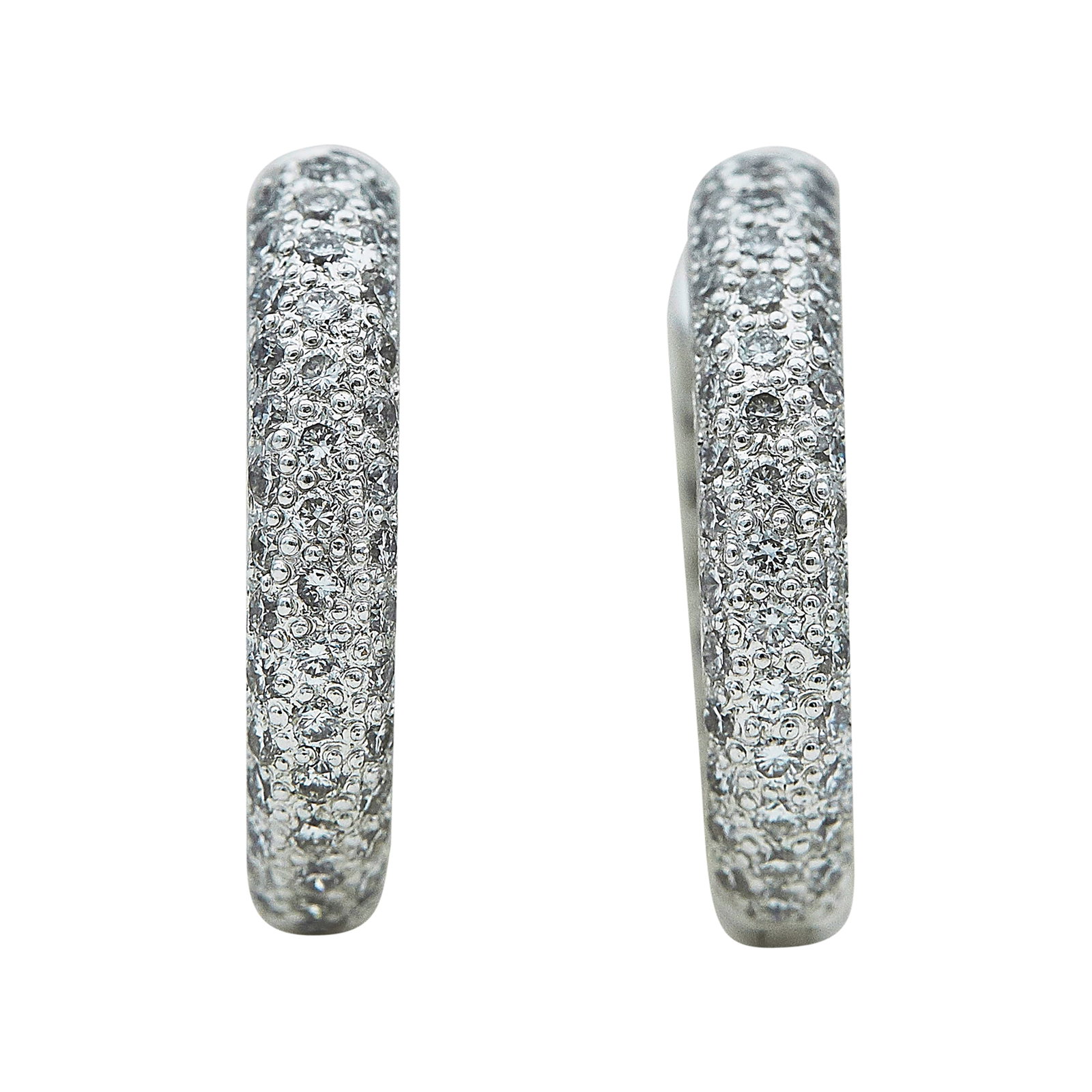 18K White Gold and Diamond Pave Inside-Out Hoop Earrings: METAL: 18K White Gold; APPROXIMATE TOTAL DIAMOND WEIGHT: 2.04 ctw; STAMPED: Maker's mark, 750, K18; CONDITION: Pre-owned; ITEM WEIGHT (GRAMS): 9.9 g; MEASUREMENTS: Earrings 3/4 inch in diameter; ADDIT