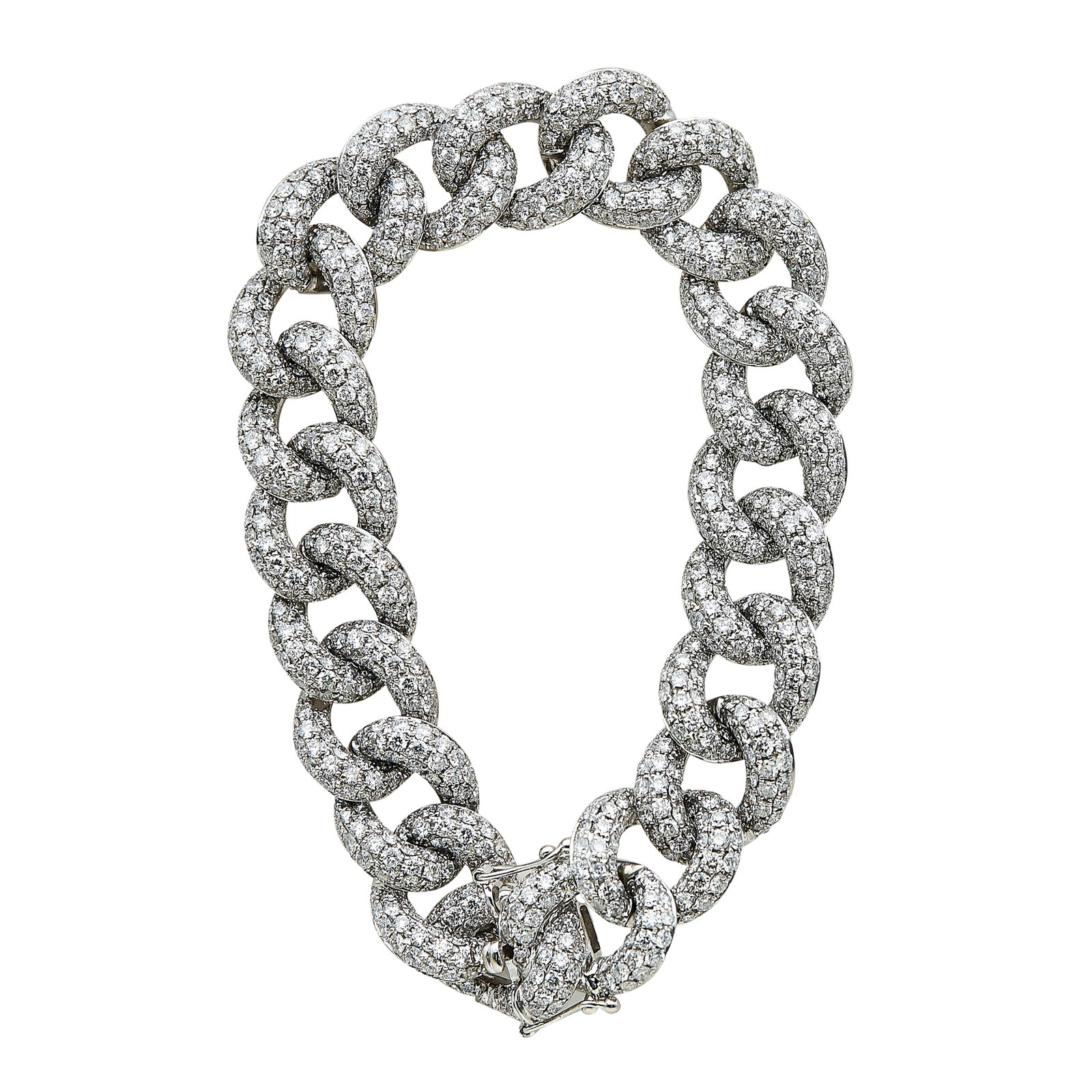 14K White Gold and Diamond Pave Cuban Link Chain Bracelet: METAL: 14K White Gold; APPROXIMATE TOTAL DIAMOND WEIGHT: 11 ctw; STAMPED: 14K, 585; CONDITION: Pre-owned, Very Good; ITEM WEIGHT (GRAMS): 30.2 g; MEASUREMENTS: Bracelet 7 1/4 inches long x 1/2 inch wi