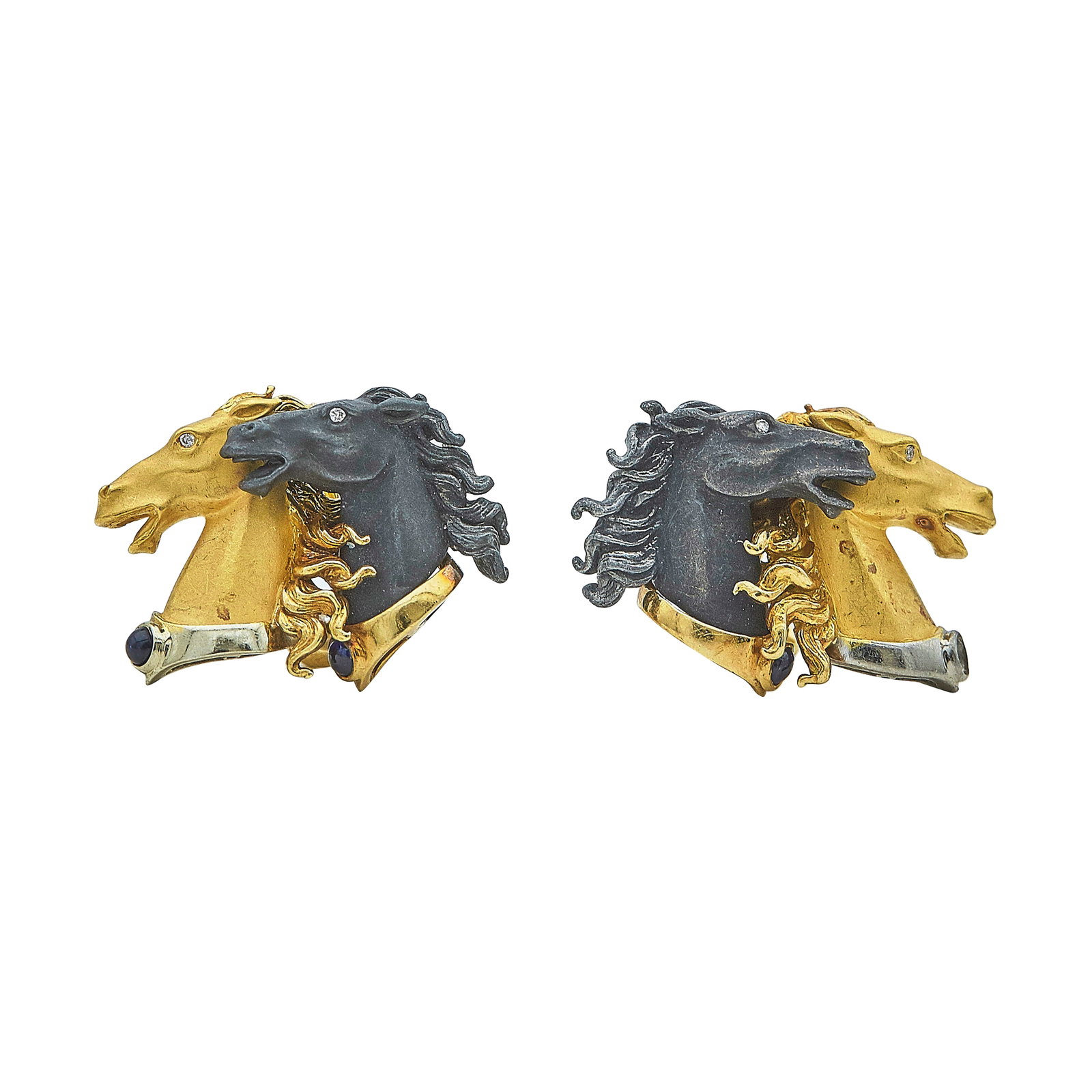 Carrera Y Carrera 18K Yellow Gold and Stainless Steel Horse Head Earrings: BRAND: Carrera Y Carrera; METAL: 18K Yellow Gold/Stainless Steel; APPROXIMATE TOTAL DIAMOND WEIGHT: 0.02 ctw; GEMSTONES: Sapphire; STAMPED: Maker's mark, 750; CONDITION: Pre-owned, Good; ITEM WEIGHT (