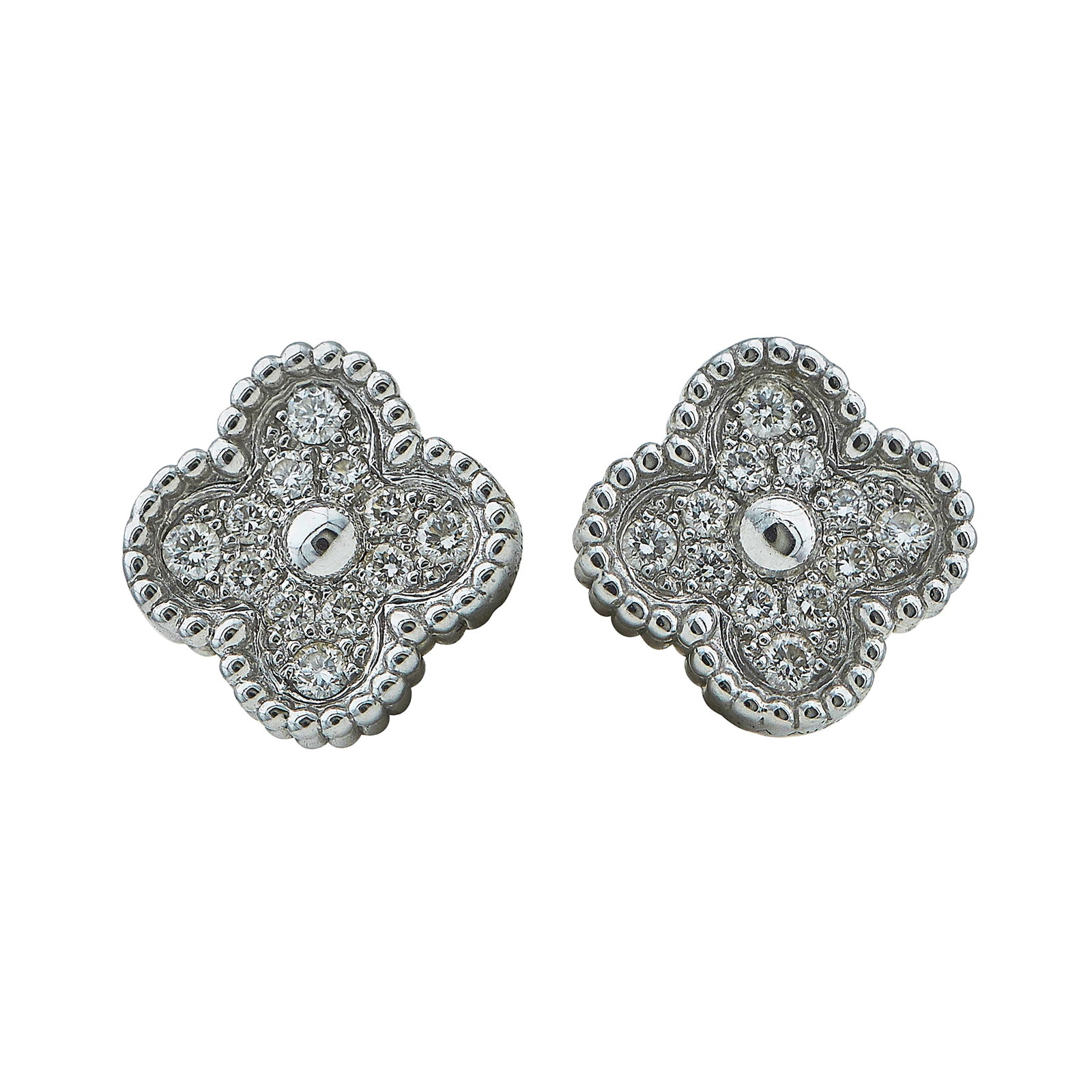 Van Cleef & Arpels Alhambra Sweet 18K White Gold and Diamond Pave Stud Earrings: BRAND: VCA; COLLECTION: Alhambra (Sweet); METAL: 18K White Gold; APPROXIMATE TOTAL DIAMOND WEIGHT: 0.16 ctw; STAMPED: VCA, Au750, Serial number; CONDITION: Pre-owned, Very Good; ITEM WEIGHT (GRAMS): 3