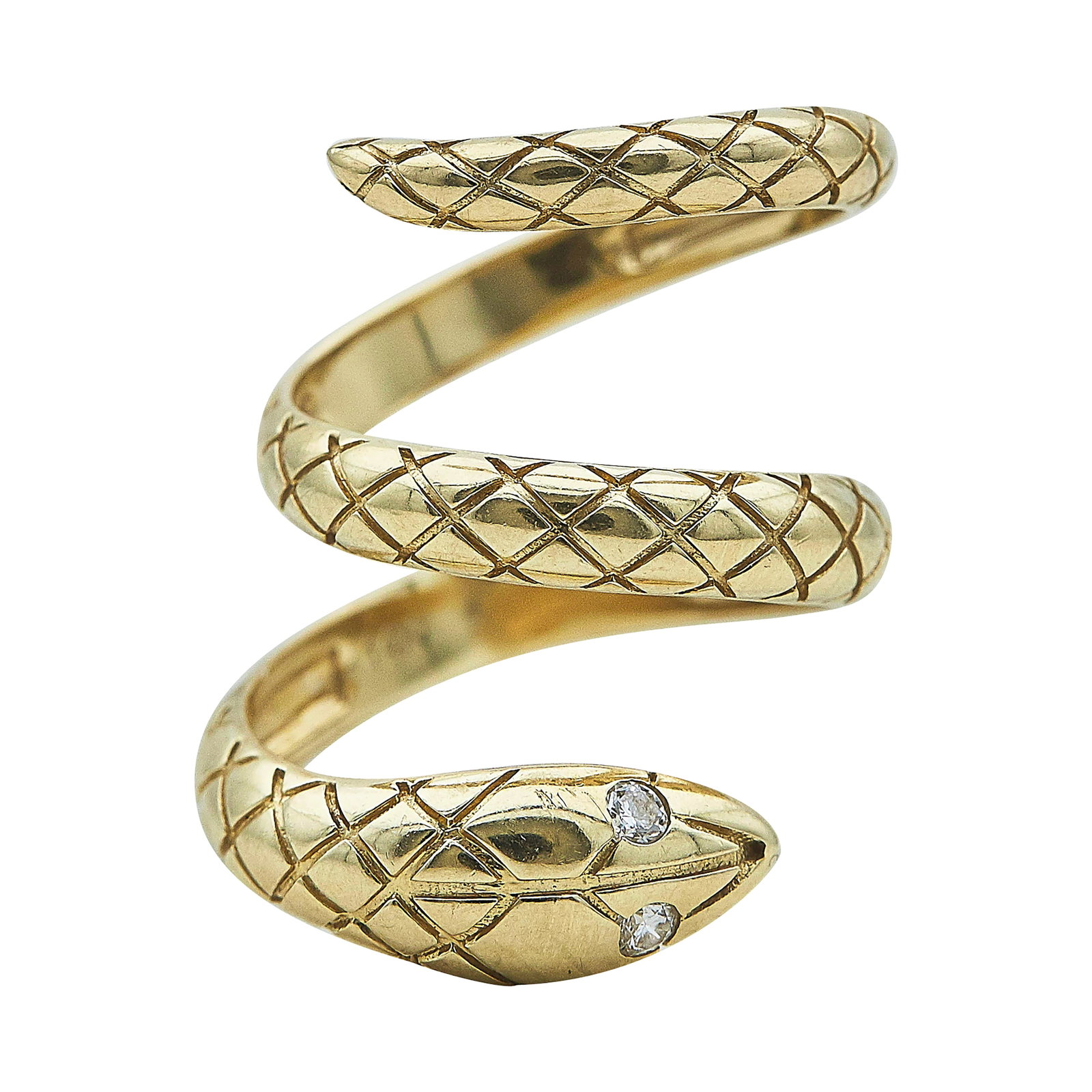14K Yellow Gold and Diamond Snake Wrapped Ring: METAL: 14K Yellow Gold; APPROXIMATE TOTAL DIAMOND WEIGHT: 0.12 ctw; STAMPED: 14K; CONDITION: Pre-owned, Good; ITEM WEIGHT (GRAMS): 8.1 g; MEASUREMENTS: Ring can fit sizes 6 1/2 to 7