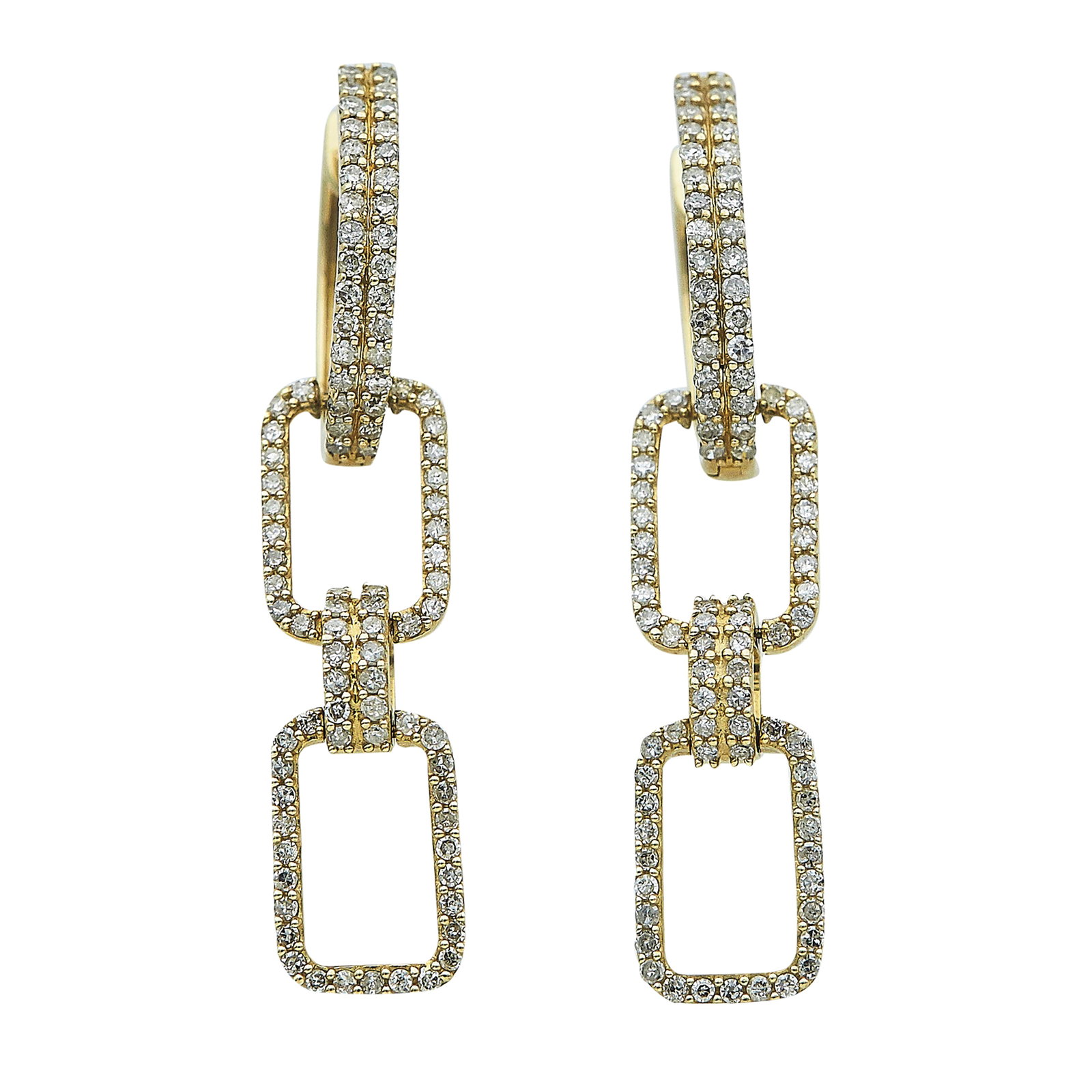 14K Yellow Gold and Diamond Geometric Pendant Earrings: METAL: 14K Yellow Gold; APPROXIMATE TOTAL DIAMOND WEIGHT: 0.46 ctw; STAMPED: 14K, R & D, IND; CONDITION: Pre-owned, Good; ITEM WEIGHT (GRAMS): 6.61 g; MEASUREMENTS: Earrings 1 5/8 inch long;