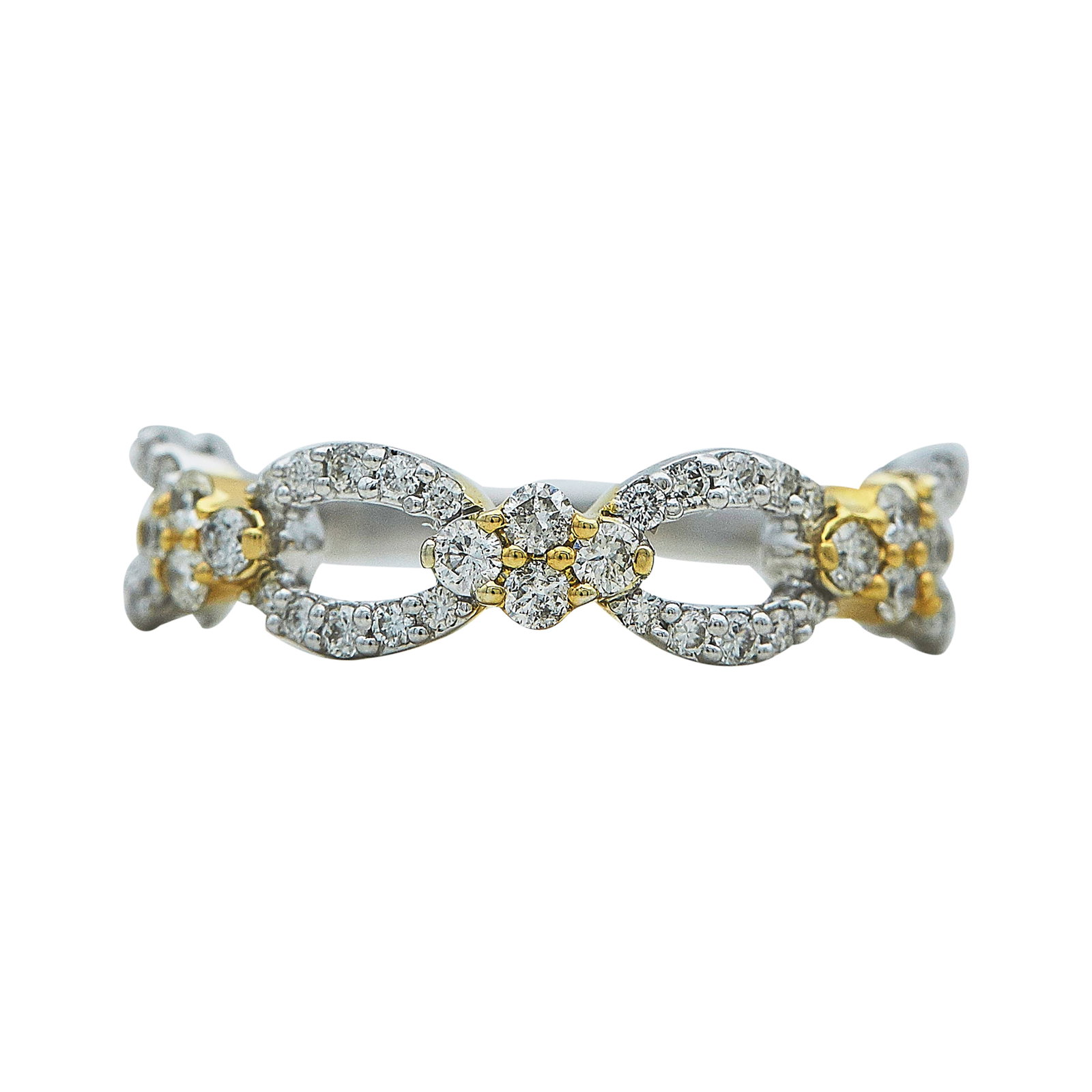 14K White and Yellow Gold Diamond Band Ring: METAL: 14K Yellow Gold/White Gold; APPROXIMATE TOTAL DIAMOND WEIGHT: 0.64 ctw; STAMPED: Prina, 14K; CONDITION: Pre-owned, Good; ITEM WEIGHT (GRAMS): 2.73 g; MEASUREMENTS: Ring size 5 1/2