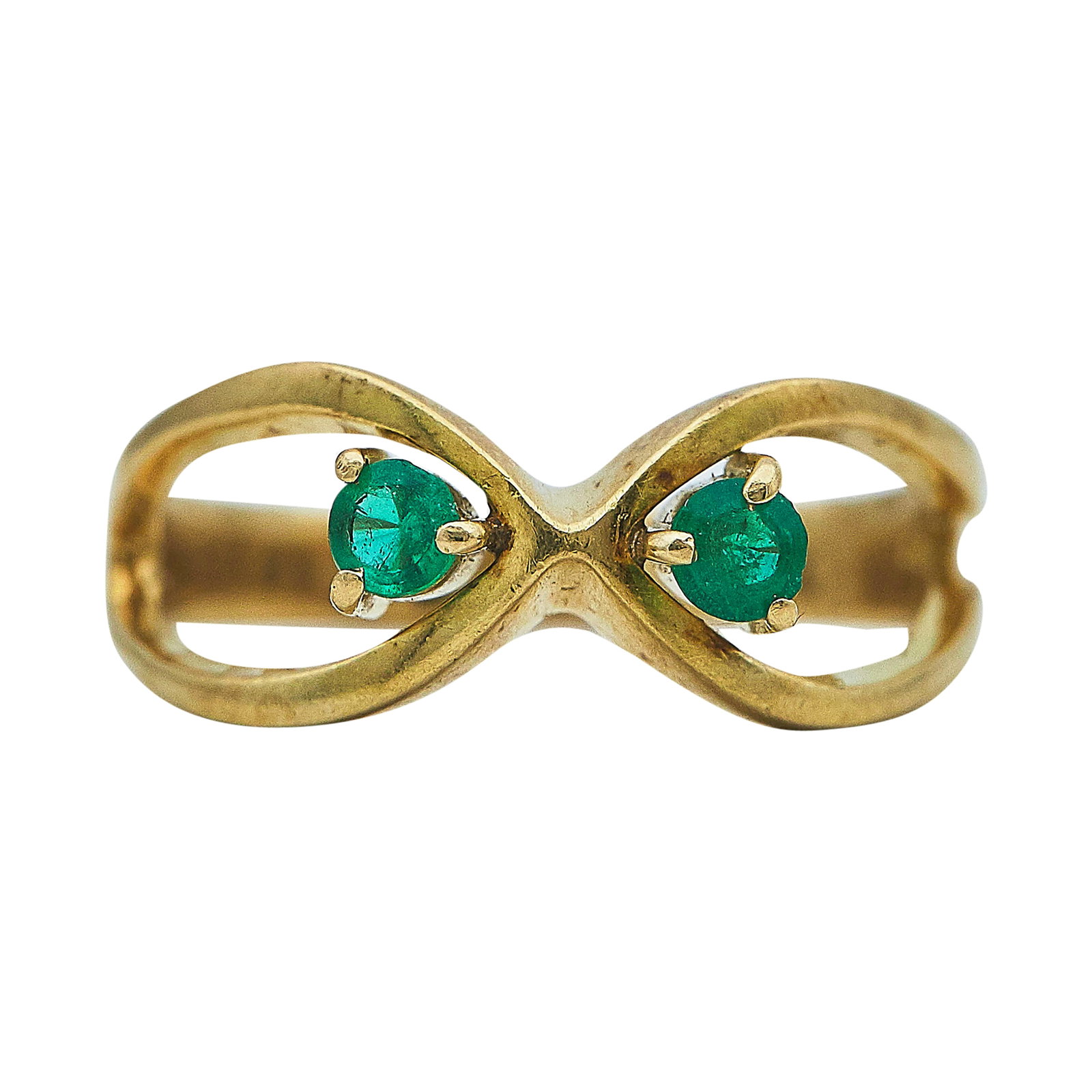 18K Yellow Gold and Emerald Ring: METAL: 18K Yellow Gold; GEMSTONES: Emeralds approx. 2.90 mm in diameter; STAMPED: 18K; CONDITION: Pre-owned, Good; ITEM WEIGHT (GRAMS): 3.65 g; MEASUREMENTS: Ring size 5 3/4