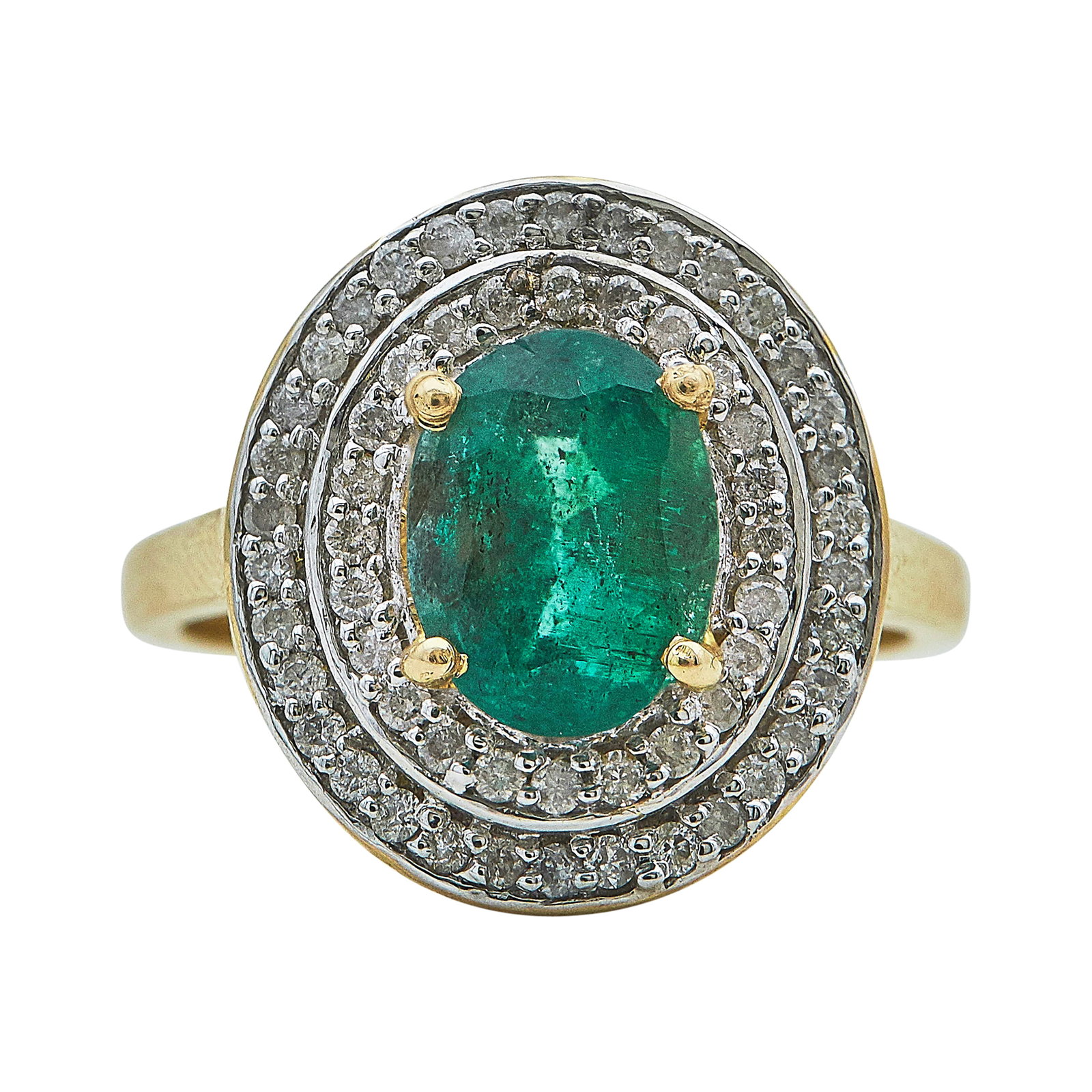14K Yellow Gold and White Gold, Emerald, and Diamond Cluster Ring: METAL: 14K Yellow Gold/White Gold; APPROXIMATE TOTAL DIAMOND WEIGHT: 0.30 ctw; GEMSTONES: Emerald approx. 1.78 carats, Weight estimated by formula, Emerald with small chips on girdle; STAMPED: 585; CO