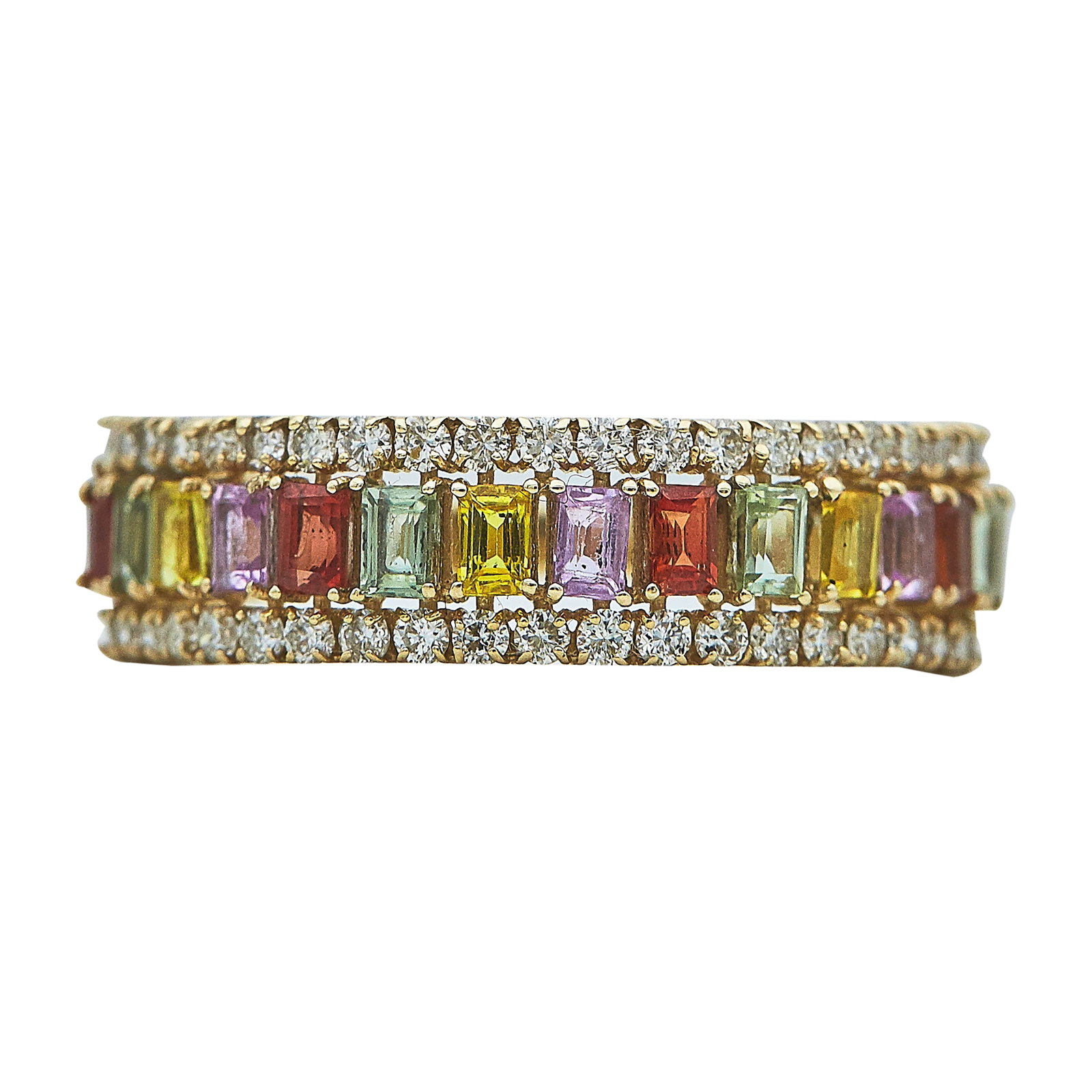 14K Yellow Gold, Multicolored Sapphire, and Diamond Ring: METAL: 14K Yellow Gold; APPROXIMATE TOTAL DIAMOND WEIGHT: 0.63 ctw; GEMSTONES: Multicolored sapphires; STAMPED: 14K, 0.63 CT; CONDITION: Pre-owned, Good; ITEM WEIGHT (GRAMS): 3.22 g; MEASUREMENTS: Rin