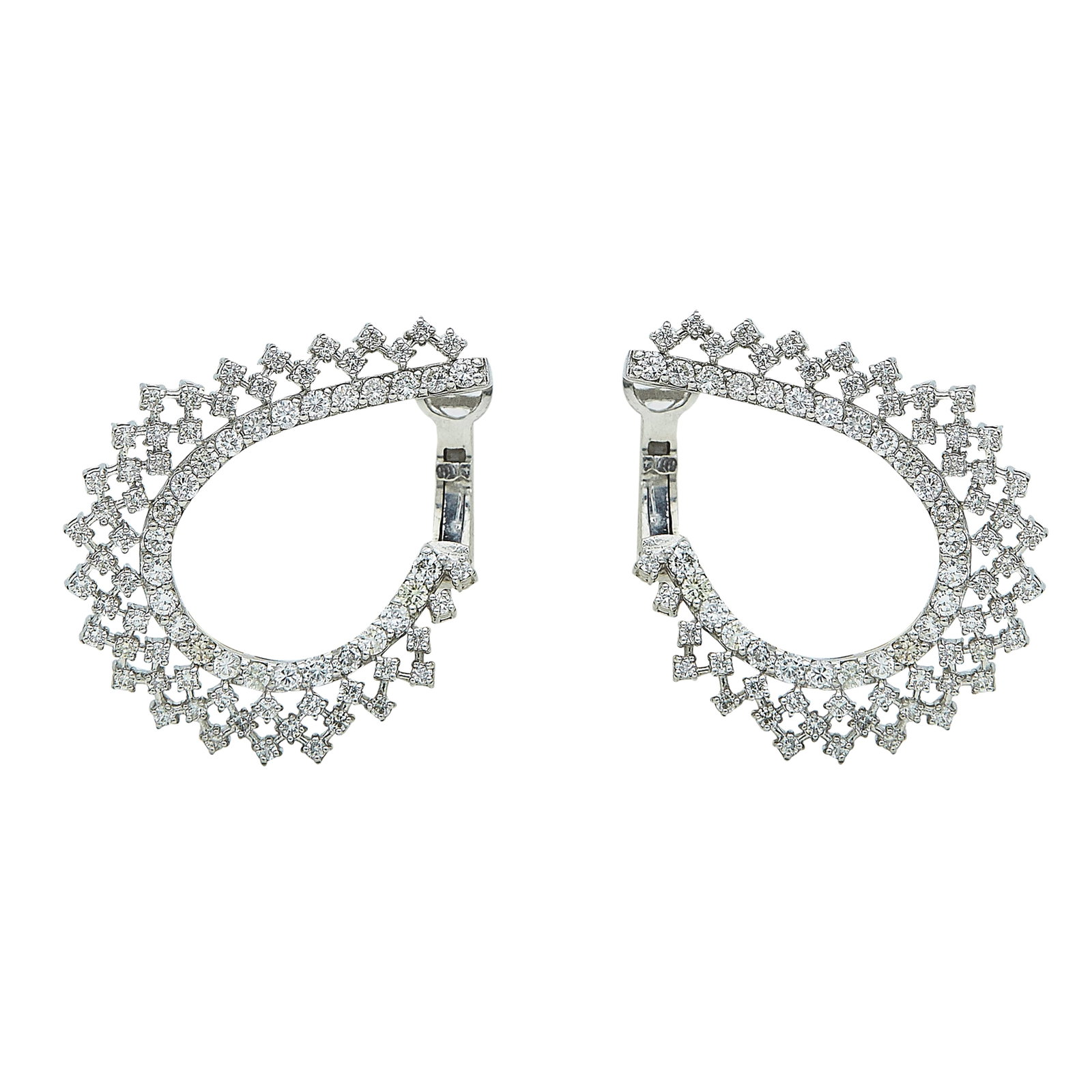 14K White Gold and Diamond Latticework Hoop Earrings: METAL: 14K White Gold; APPROXIMATE TOTAL DIAMOND WEIGHT: 3.16 ctw; STAMPED: 14K; CONDITION: Pre-owned, Good; ITEM WEIGHT (GRAMS): 9.52 g; MEASUREMENTS: Earrings 1 1/4 inch long; ADDITIONAL COMMENTS: