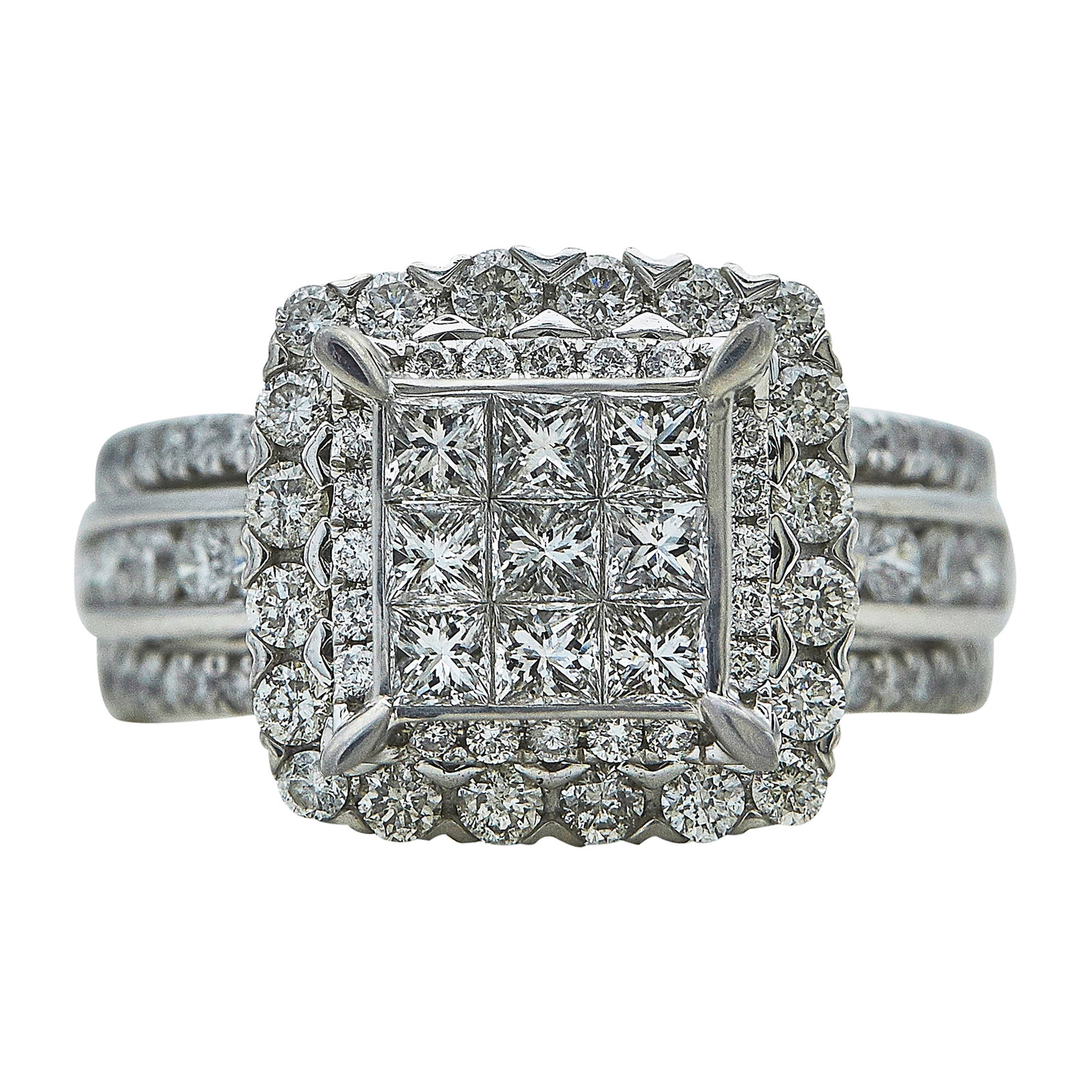 14K White Gold and Diamond Square Cluster Ring: METAL: 14K White Gold; APPROXIMATE TOTAL DIAMOND WEIGHT: 2.01 ctw; STAMPED: 14K, ZEI; CONDITION: Pre-owned, Good; ITEM WEIGHT (GRAMS): 7.78 g; MEASUREMENTS: Ring size 7; ADDITIONAL COMMENTS: Missing o