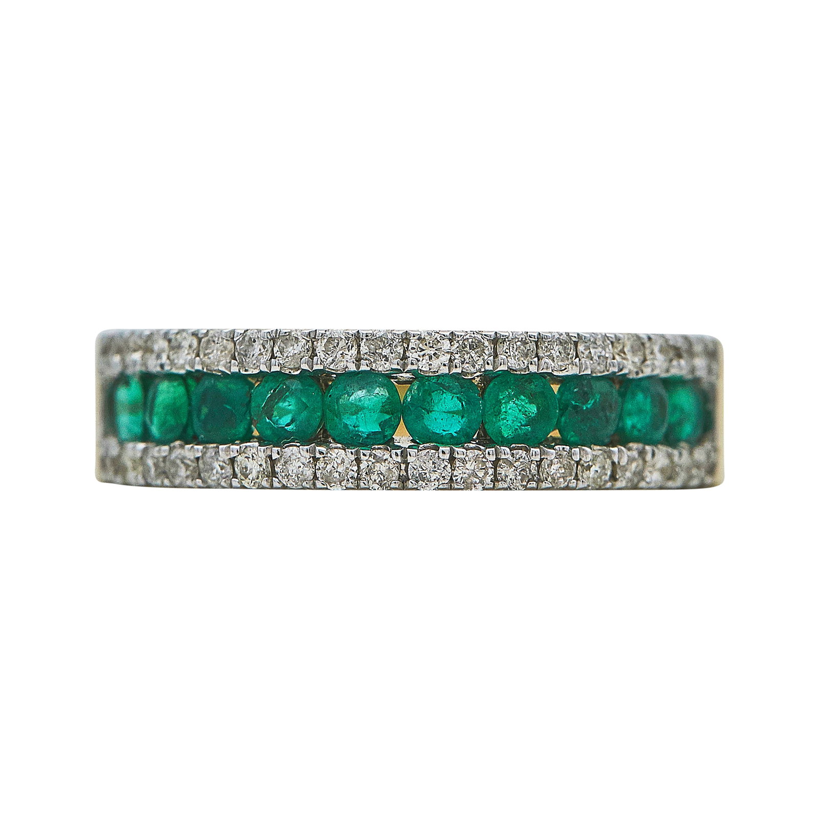 14K Yellow and White Gold, Emerald, and Diamond Band Ring: METAL: 14K Yellow Gold/White Gold; APPROXIMATE TOTAL DIAMOND WEIGHT: 0.36 ctw; GEMSTONES: Emerald; STAMPED: 14K; CONDITION: Pre-owned, Good; ITEM WEIGHT (GRAMS): 3.03 g; MEASUREMENTS: Ring size 6 3/4;