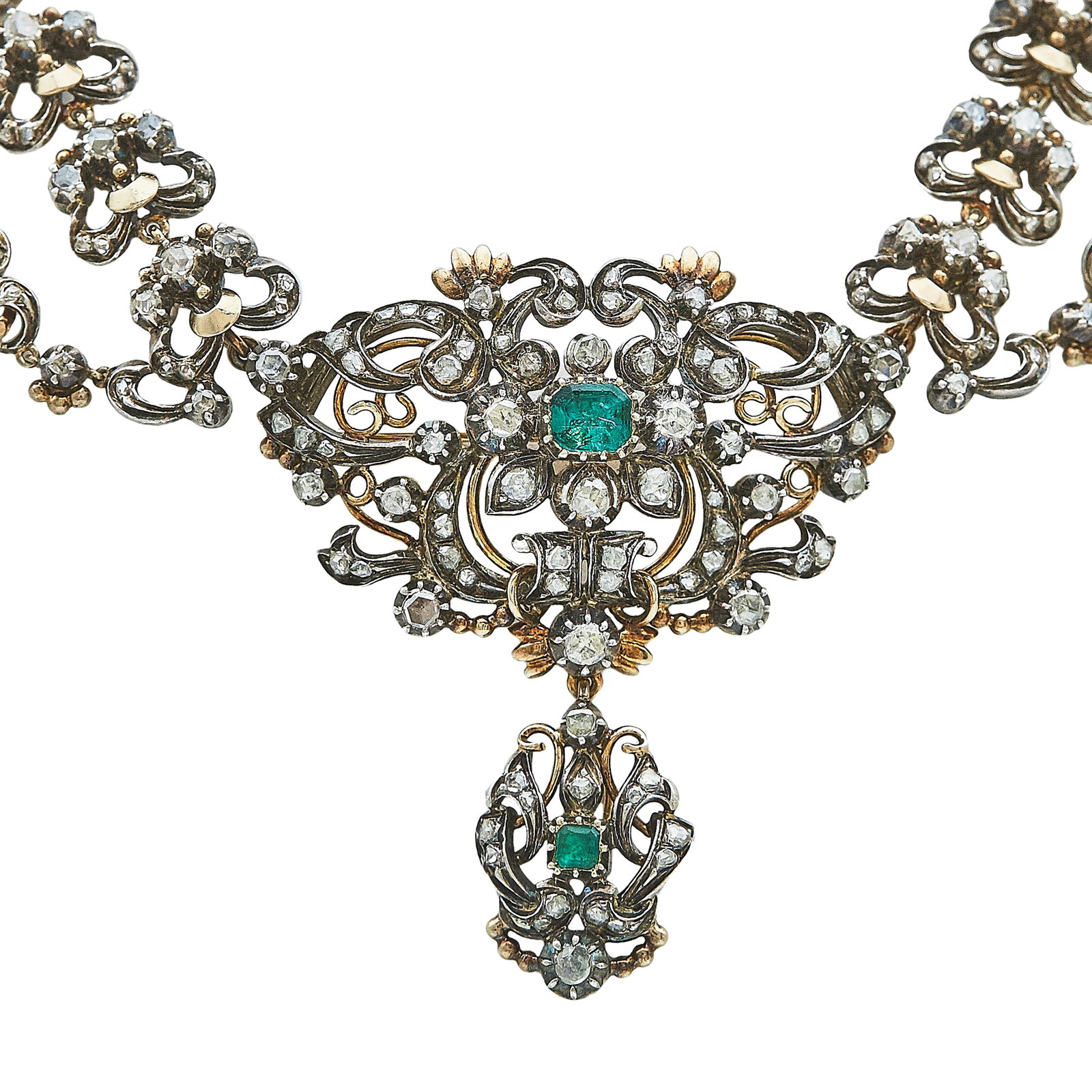 Antique Style Silver-Topped 14K Rose Gold, Rose-Cut Diamond, and Emerald Transformable Necklace: METAL: 14K Rose Gold/Silver; GEMSTONES: Emerald, Emeralds are abraded and shows signs of wear; TESTED: 14K Rose Gold/Silver; CONDITION: Pre-owned, Very Good; ITEM WEIGHT (GRAMS): 119.8 g; MEASUREMENTS