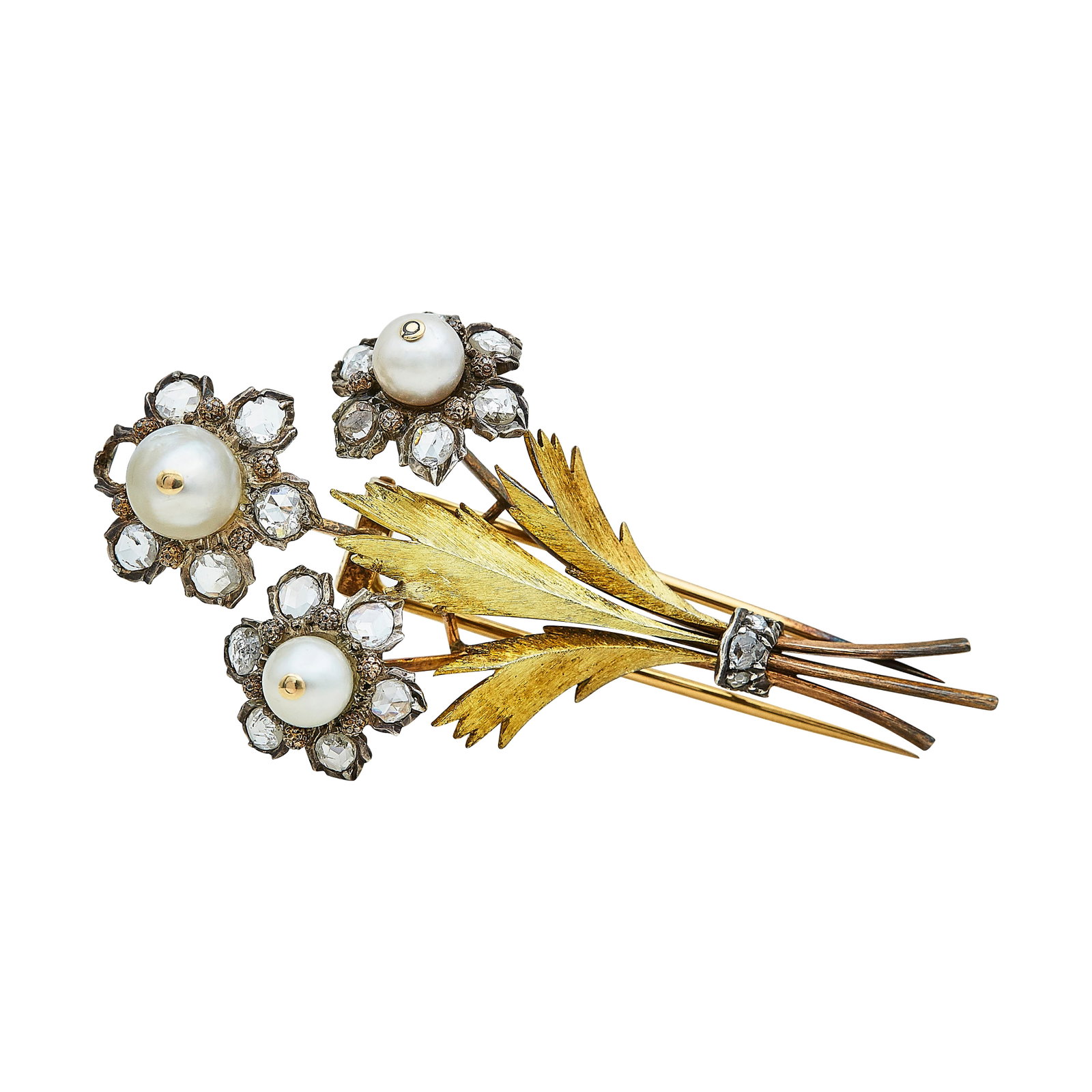 Buccellati 18K Yellow Gold, Diamond, and Pearl Flower Bunch Brooch: BRAND: Buccellati; METAL: 18K Yellow Gold; GEMSTONES: Pearl; STAMPED: Buccellati, SIMEX, Italy, 750; CONDITION: Pre-owned, Good; ITEM WEIGHT (GRAMS): 16.7 g; MEASUREMENTS: Brooch 2 5/8 inches long x 1