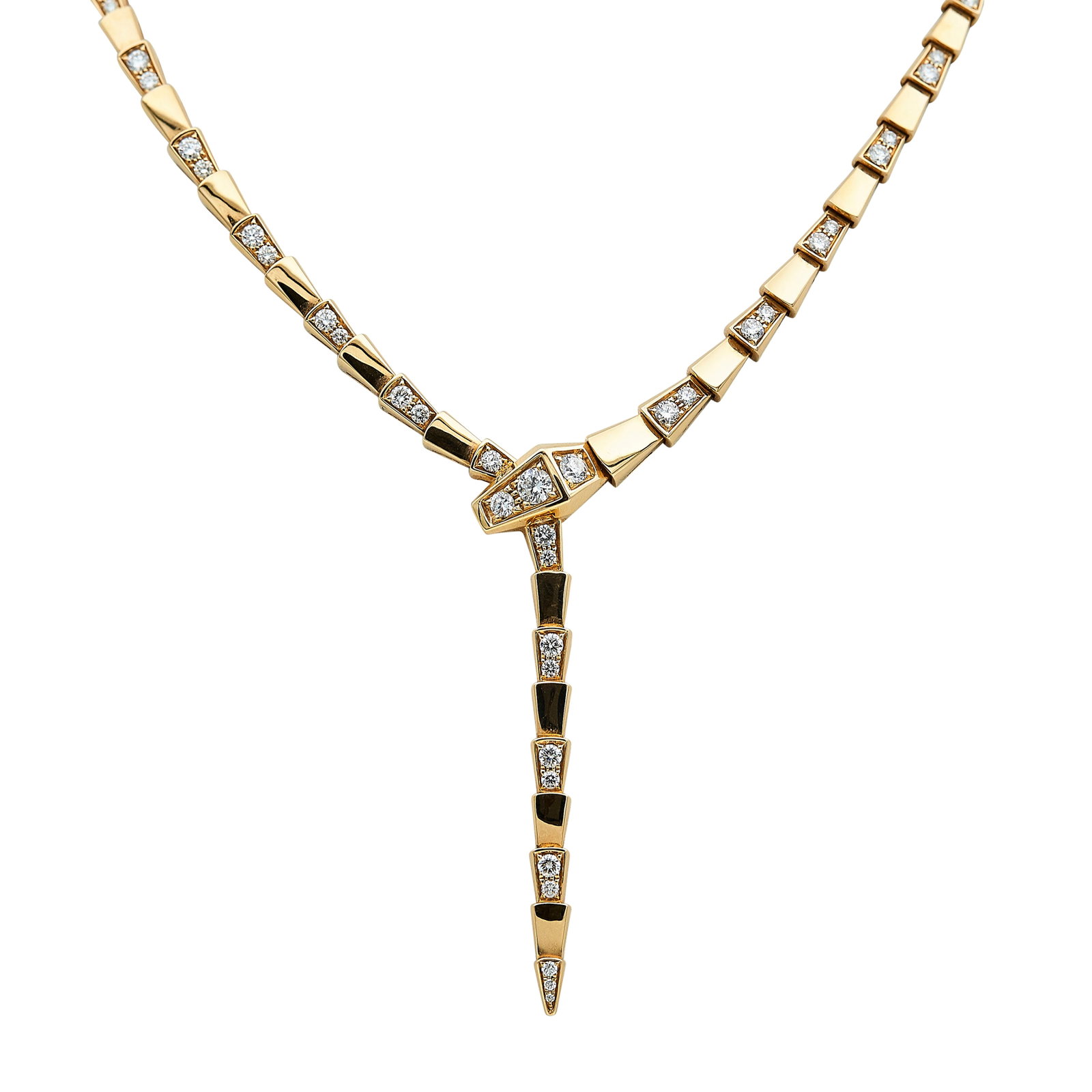 18K Rose Gold and Diamond Snake Necklace: METAL: 18K Rose Gold; APPROXIMATE TOTAL DIAMOND WEIGHT: 4.25 ctw; STAMPED: Au750, Spurious marks; CONDITION: Pre-owned, Very Good; ITEM WEIGHT (GRAMS): 50.3 g; MEASUREMENTS: Necklace approx. 17