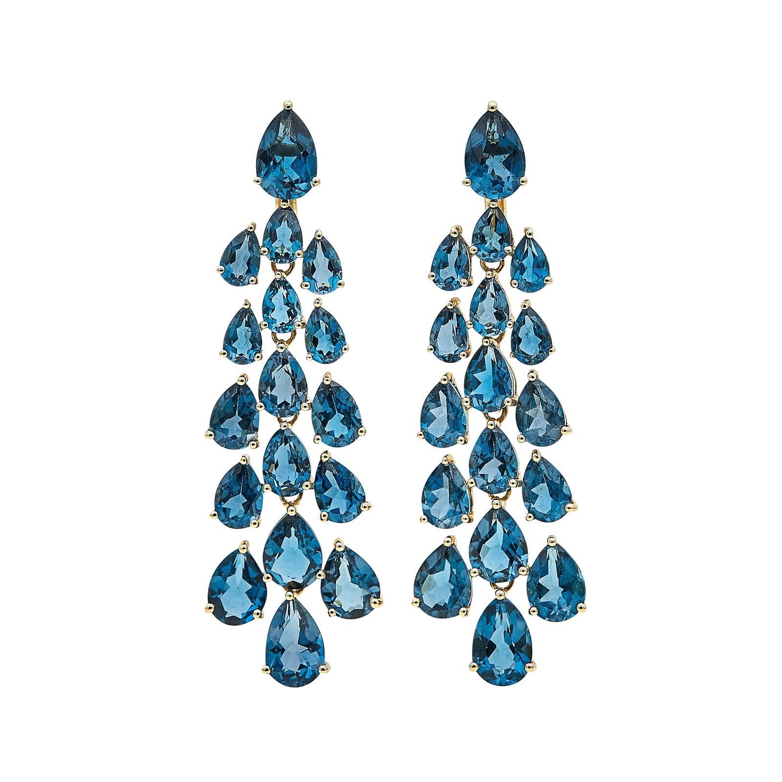 14K Yellow Gold and Blue Topaz Pendant Earrings: METAL: 14K Yellow Gold; GEMSTONES: Blue Topaz; STAMPED: 14K, 585, Tenenbaum; CONDITION: Pre-owned, Very Good; ITEM WEIGHT (GRAMS): 13.3 g; MEASUREMENTS: Earrings approx. 2 5/16 inches long x 11/16