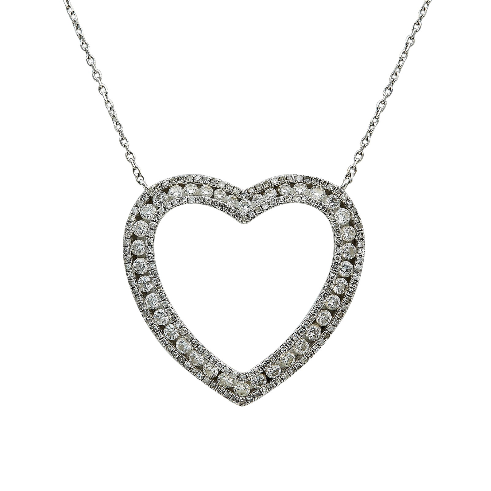 14K White Gold and Diamond Heart Pendant Necklace: METAL: 14K White Gold; APPROXIMATE TOTAL DIAMOND WEIGHT: 1.81 ctw; STAMPED: Clasp marked: 585; TESTED: 14K White Gold; CONDITION: Pre-owned, Good; ITEM WEIGHT (GRAMS): 6.87 g; MEASUREMENTS: Necklace 1