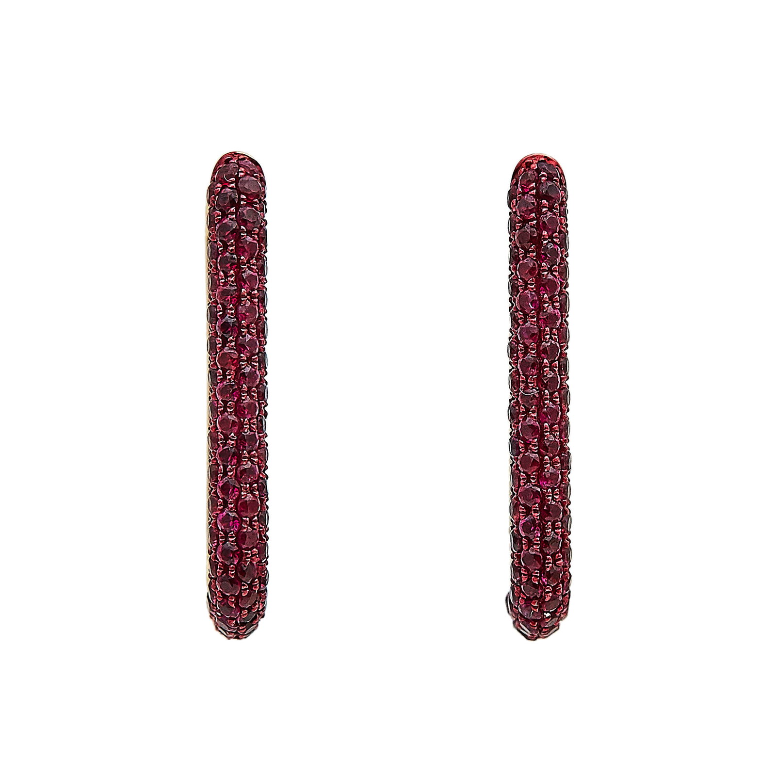 18K Rose Gold and Ruby Rectangular Hoop Earrings: METAL: 18K Rose Gold; GEMSTONES: Ruby; STAMPED: 750, RY, 1.33ct; CONDITION: Pre-owned, Good; ITEM WEIGHT (GRAMS): 3.06 g; MEASUREMENTS: Earrings 7/8 inch long x 1/8 inch wide; ADDITIONAL COMMENTS: Wit