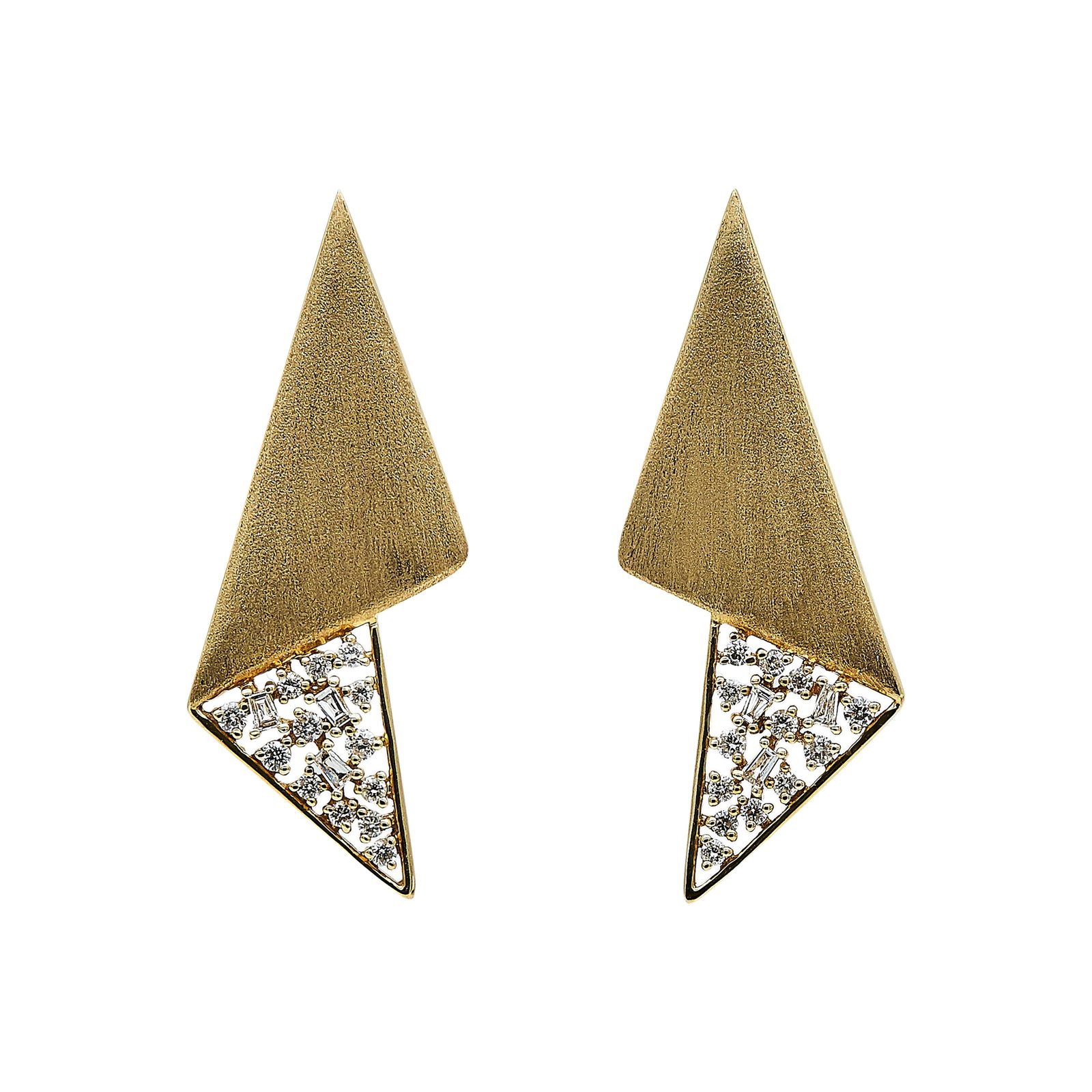 14K Yellow Gold and Diamond Geometric Drop Earrings: METAL: 14K Yellow Gold; APPROXIMATE TOTAL DIAMOND WEIGHT: 0.32 ctw; STAMPED: TD, 14K; CONDITION: Pre-owned, Good; ITEM WEIGHT (GRAMS): 4 g; MEASUREMENTS: Earrings 1 5/16 inch long x 9/16 inch wide; AD