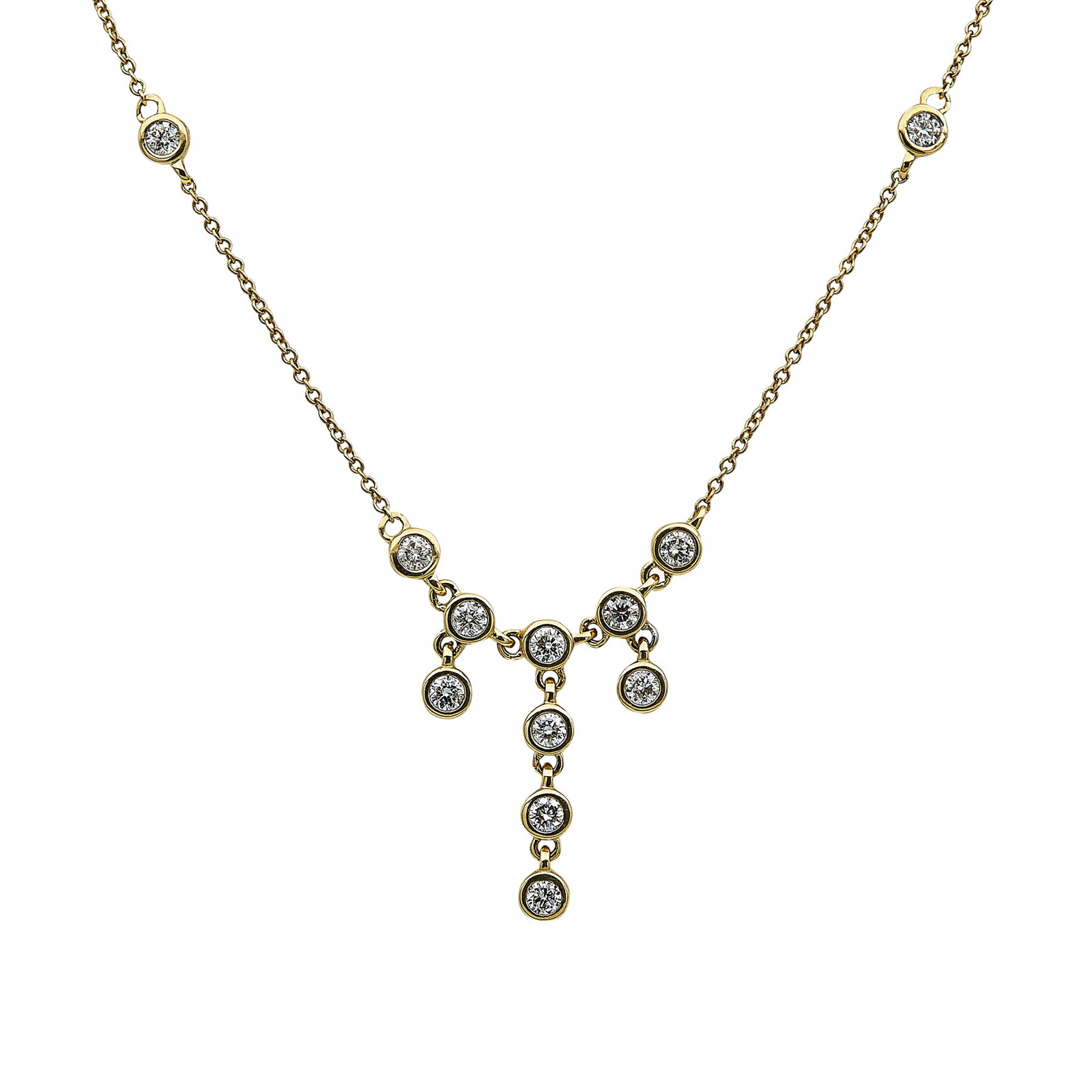 14K Yellow Gold and Bezel Set Diamond Swag Necklace: METAL: 14K Yellow Gold; APPROXIMATE TOTAL DIAMOND WEIGHT: 0.52 ctw; STAMPED: 14K, 0.52; CONDITION: Pre-owned, Good; ITEM WEIGHT (GRAMS): 3.42 g; MEASUREMENTS: Necklace 18 inches long, And adjustable t