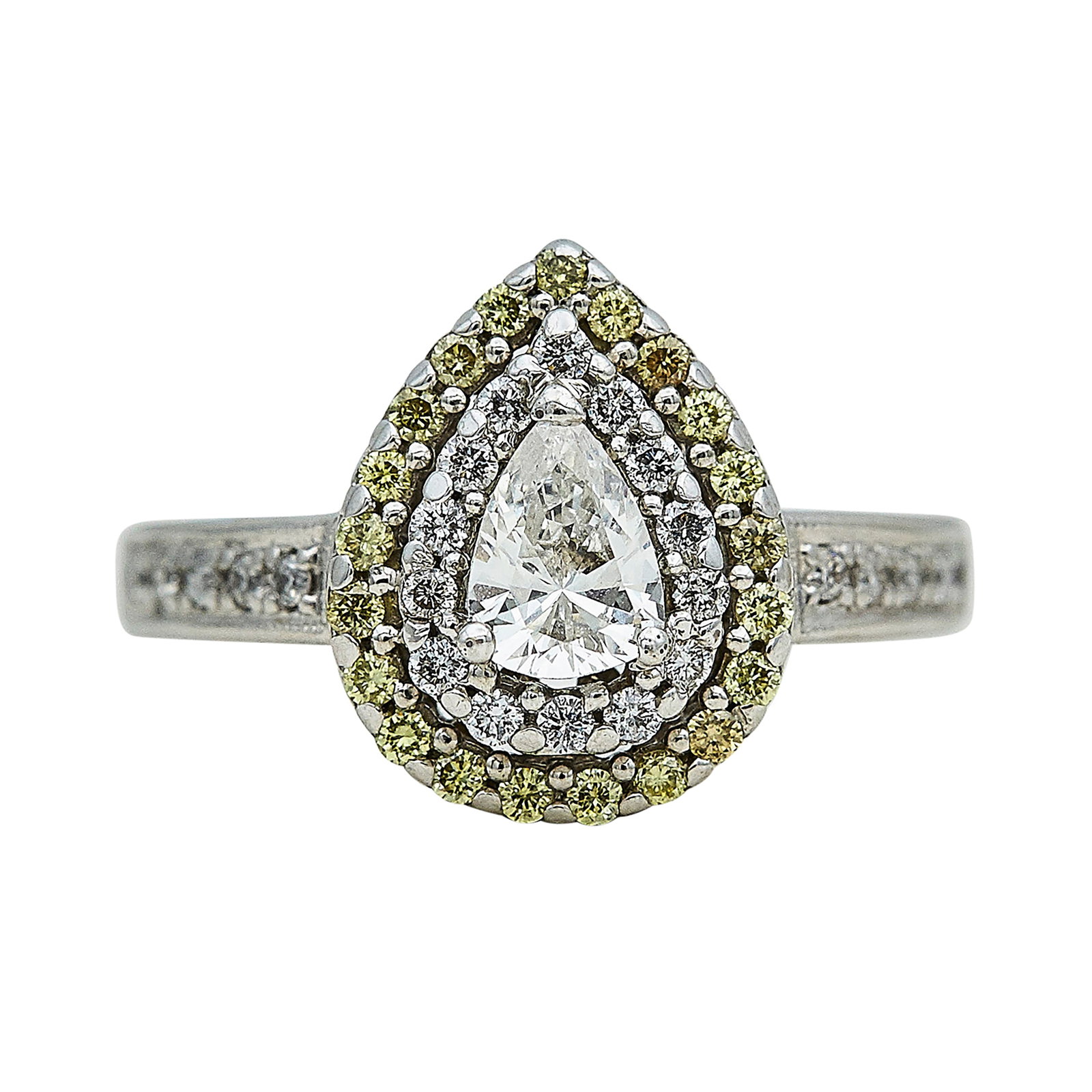 14K White Gold, White Diamond, and Yellow Diamond Cluster Ring: METAL: 14K White Gold; APPROXIMATE TOTAL DIAMOND WEIGHT: 0.73 ctw; GEMSTONES: Approx. total weight yellow diamonds 0.33 carat; STAMPED: © "Star symbol", 14K; CONDITION: Pre-owned, Good; ITEM WEIGHT (