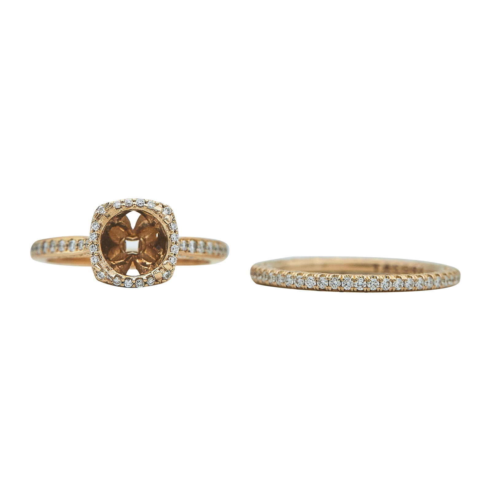 Tacori 18K Rose Gold and Diamond Band & Engagement Ring Mounting Set: BRAND: Tacori; METAL: 18K Rose Gold; APPROXIMATE TOTAL DIAMOND WEIGHT: 1.15 ctw; STAMPED: Tacori, 18K; CONDITION: Pre-owned, Very Good; ITEM WEIGHT (GRAMS): 5.7 g; MEASUREMENTS: Rings sizes 6 and 6 1/