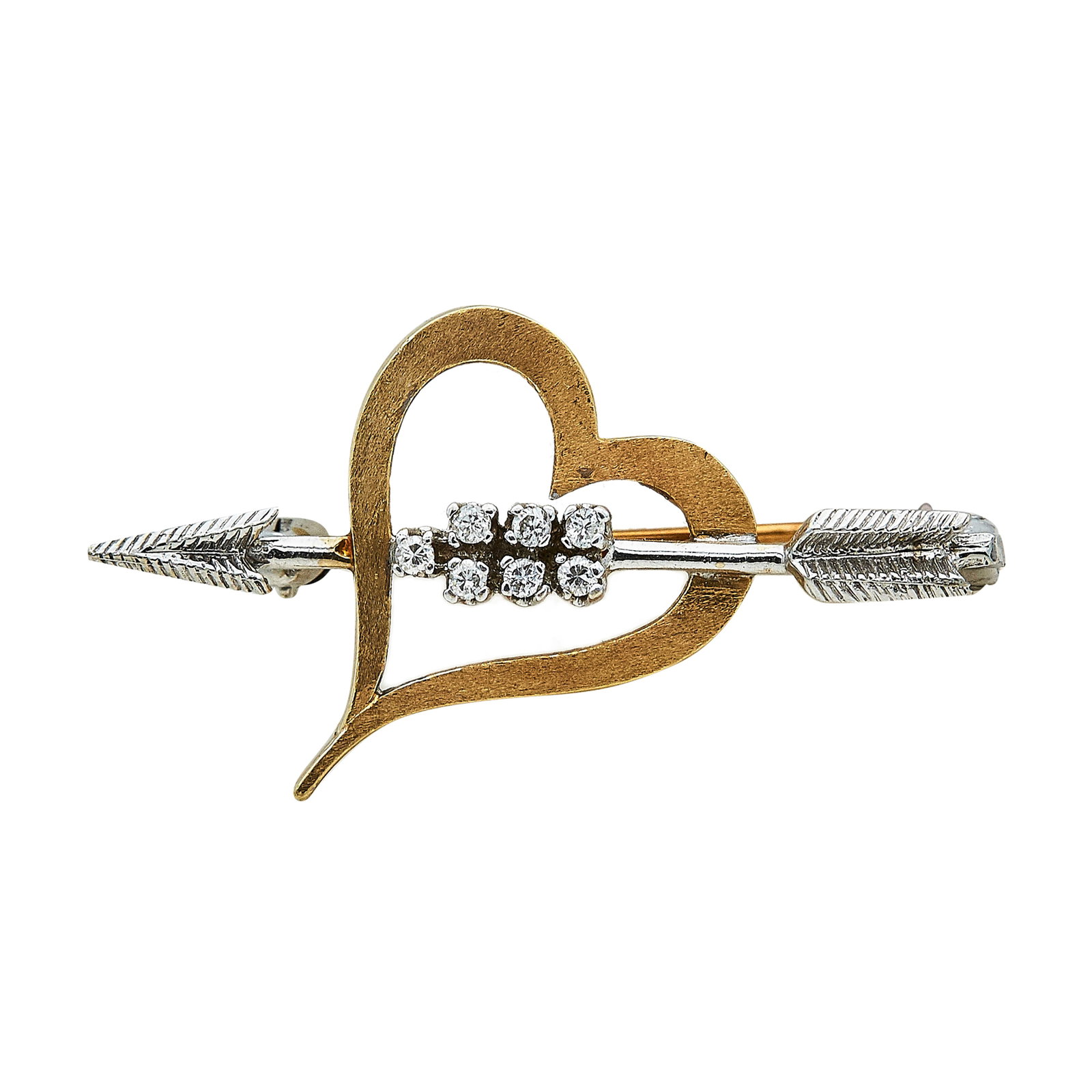 14K Yellow and White Gold Diamond Heart Pin Brooch: METAL: 14K Yellow Gold/White Gold; APPROXIMATE TOTAL DIAMOND WEIGHT: 0.10 ctw; STAMPED: 14K; CONDITION: Pre-owned, Good; ITEM WEIGHT (GRAMS): 4.94 g; MEASUREMENTS: Brooch 1 1/4 inch long x 5/8 inch wi
