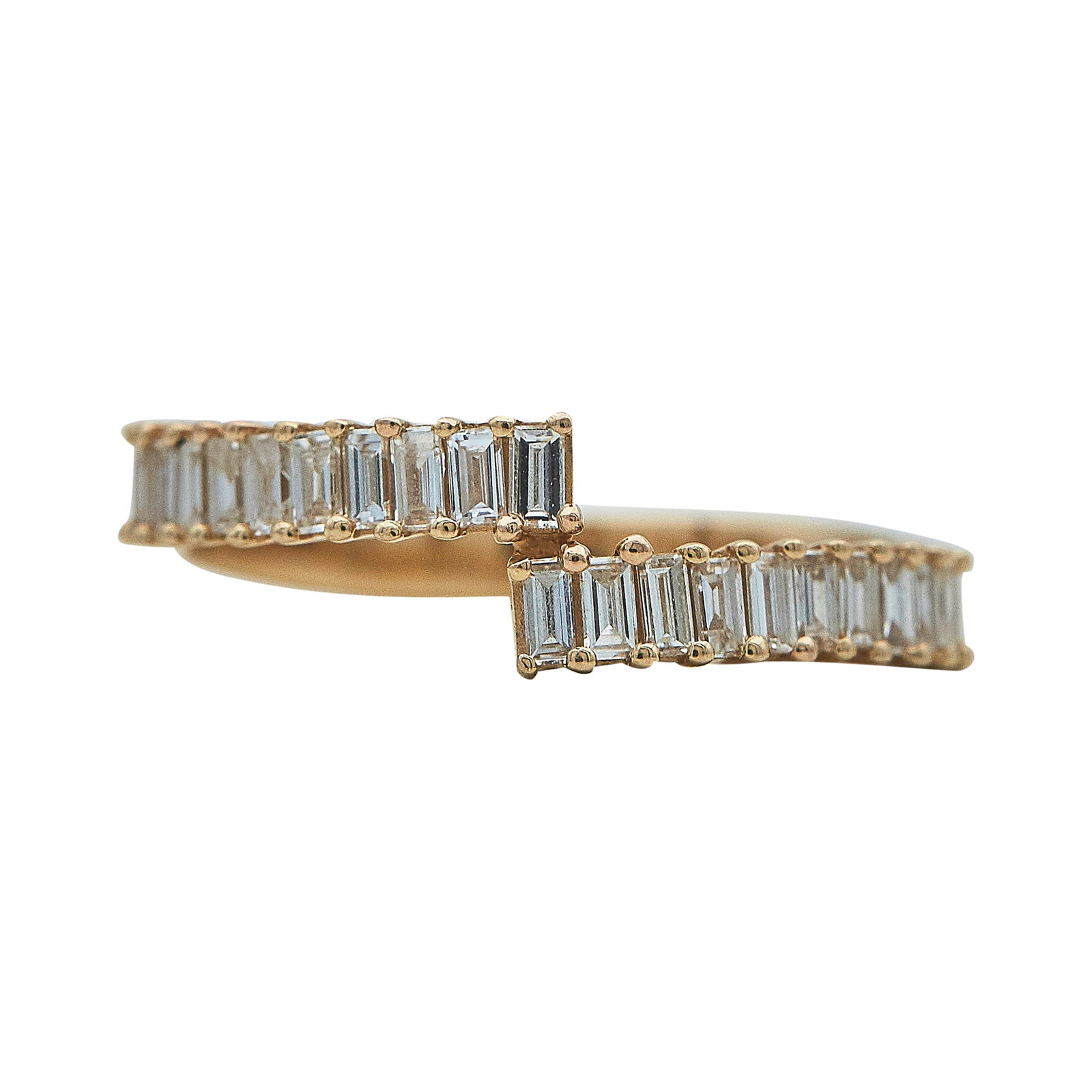14K Rose Gold and Baguette Diamond Band Ring: METAL: 14K Rose Gold; APPROXIMATE TOTAL DIAMOND WEIGHT: 0.44 ctw; STAMPED: 14K, 0.44, DRD; CONDITION: Pre-owned, Good; ITEM WEIGHT (GRAMS): 2.4 g; MEASUREMENTS: Ring size 6 1/4