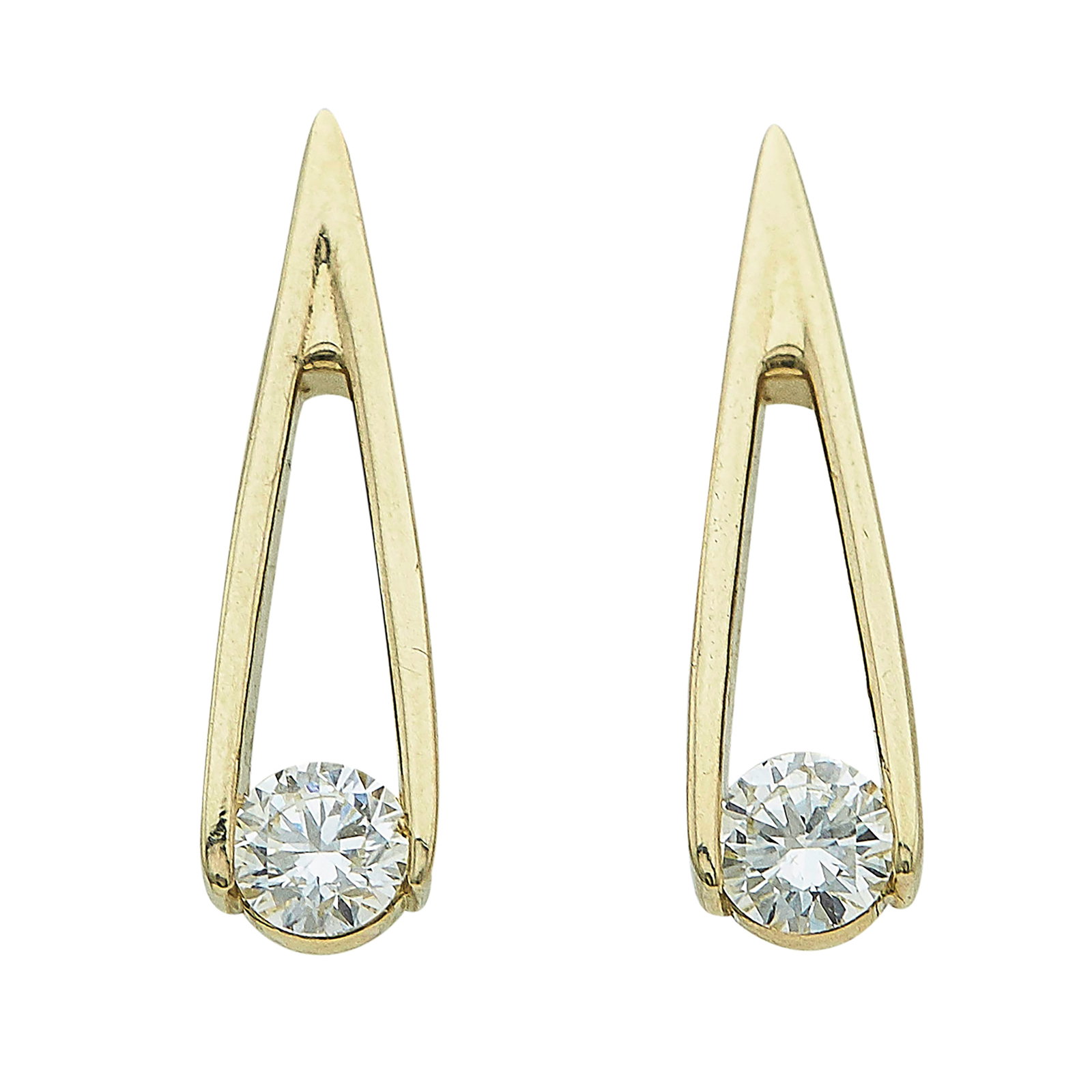 14K Yellow Gold and Diamond Teardrop Shaped Drop Earrings: METAL: 14K Yellow Gold; APPROXIMATE TOTAL DIAMOND WEIGHT: 0.72 ctw; STAMPED: 14K, 0.73; CONDITION: Pre-owned, Good; ITEM WEIGHT (GRAMS): 3.75 g; MEASUREMENTS: Earrings 7/8 inch long x 1/4 inch wide; A