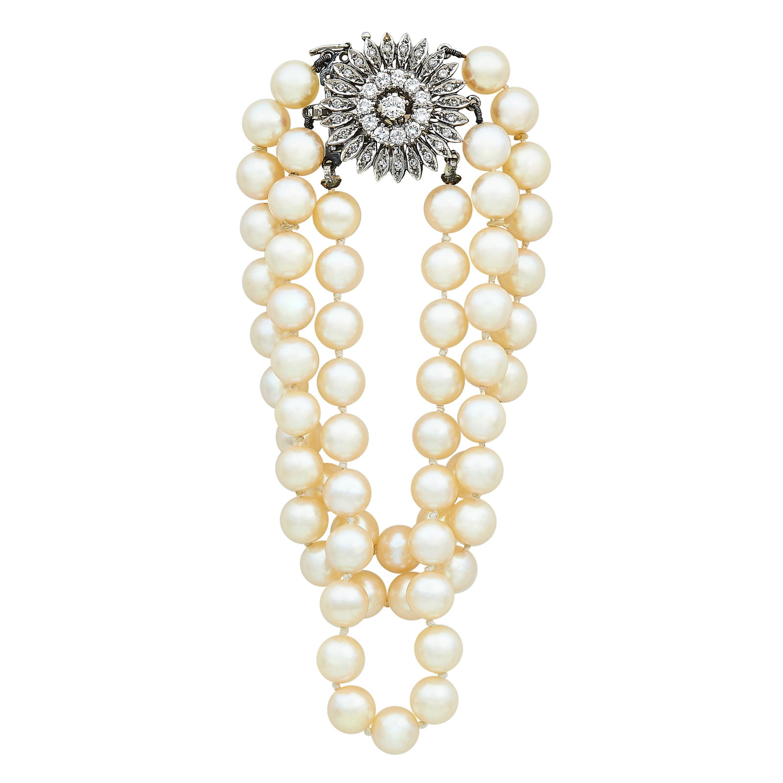 18K White Gold, Pearl, Diamond Three Strand Bracelet: METAL: 18K White Gold; APPROXIMATE TOTAL DIAMOND WEIGHT: 1 ctw; GEMSTONES: Pearls approx. 7.25 mm in diameter; STAMPED: 20, ERO, 750; CONDITION: Pre-owned, Good; ITEM WEIGHT (GRAMS): 42.3 g; MEASUREME