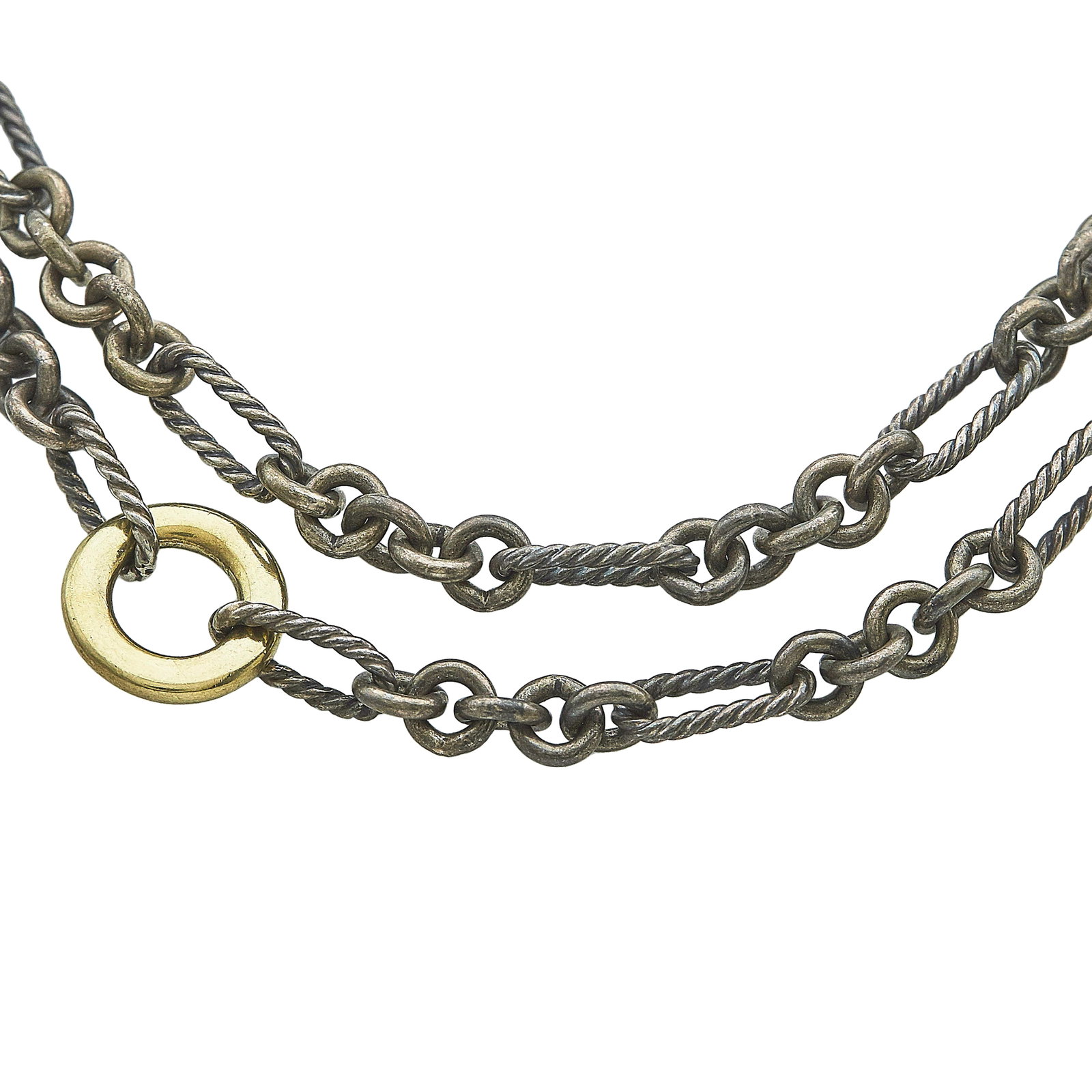 David Yurman 18K Yellow Gold and Sterling Silver Chain Link Necklace: BRAND: David Yurman; METAL: 18K Yellow Gold/Silver; STAMPED: © D.Y., 750, 925; CONDITION: Pre-owned, Good; ITEM WEIGHT (GRAMS): 83.9 g; MEASUREMENTS: Necklace approx. 32 inches long