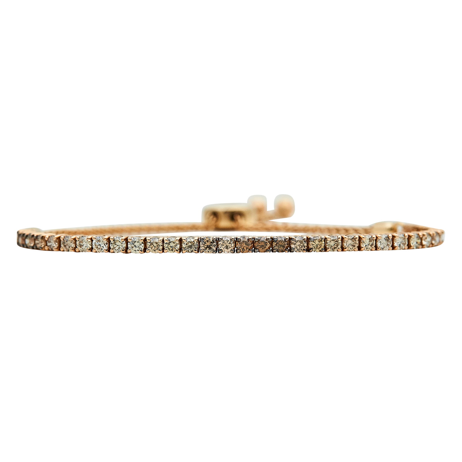 14K Rose Gold and Ombre Diamond Bracelet: METAL: 14K Rose Gold; APPROXIMATE TOTAL DIAMOND WEIGHT: 2 ctw; STAMPED: 14K, Serial number; CONDITION: Pre-owned, Very Good; ITEM WEIGHT (GRAMS): 8 g; MEASUREMENTS: Bracelet approx. 9 1/2 inches fully