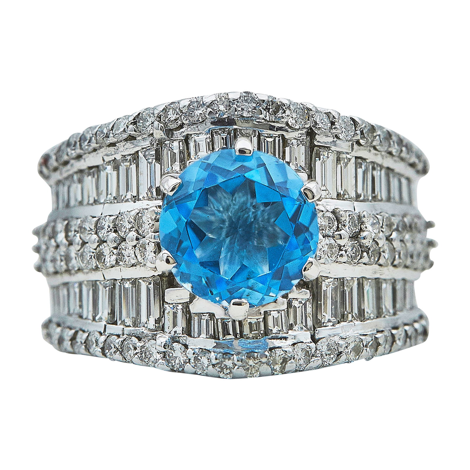14K White Gold, Topaz, Diamond Statement Ring: METAL: 14K White Gold; APPROXIMATE TOTAL DIAMOND WEIGHT: 2 ctw; GEMSTONES: Topaz; STAMPED: KGM, 14K; CONDITION: Pre-owned, Very Good; ITEM WEIGHT (GRAMS): 13.2 g; MEASUREMENTS: Ring size 7 1/2; Diamon