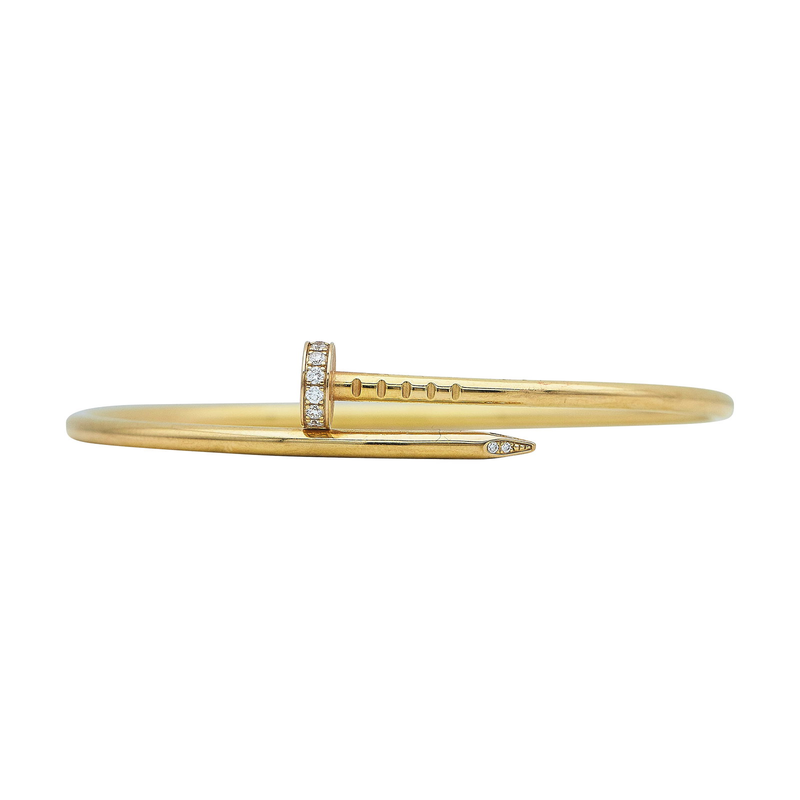 Cartier Juste un Clou Small Model 18K Yellow Gold and Diamond Bracelet: BRAND: Cartier; COLLECTION: Juste un Clou; METAL: 18K Yellow Gold; APPROXIMATE TOTAL DIAMOND WEIGHT: 0.18 ctw; STAMPED: © Cartier, 16, Serial number, Au750, Maker's mark; CONDITION: Pre-owned, Very G