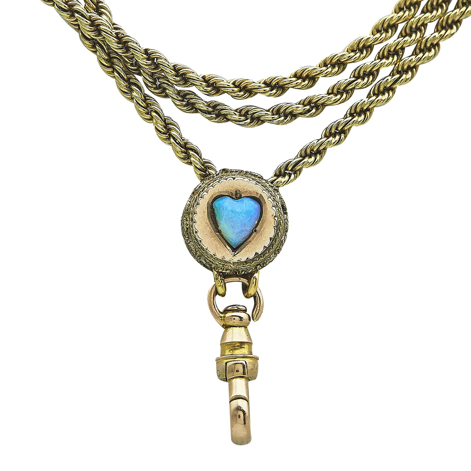 Antique 14K Yellow Gold and Opal Slider Gard Chain Necklace: METAL: 14K Yellow Gold; GEMSTONES: Opal, Large chip on opal; STAMPED: 14; CONDITION: Pre-owned, Fair; ITEM WEIGHT (GRAMS): 25.6 g; MEASUREMENTS: Chain is approx. 52 inches long