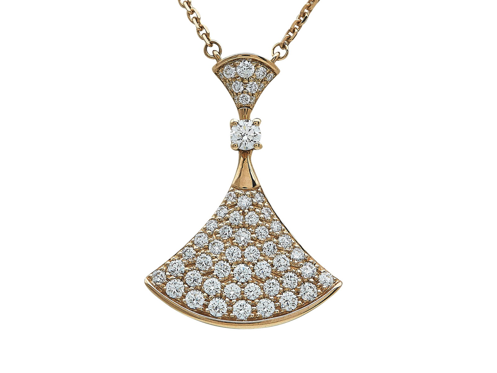 Bulgari Bvlgari Divas' Dream 18K Rose Gold and Diamond Pave Necklace: BRAND: Bulgari; COLLECTION: Divas' Dream; METAL: 18K Rose Gold; APPROXIMATE TOTAL DIAMOND WEIGHT: 0.93 ctw; STAMPED: Bvlgari, Serial number, Au750, Italian workshop mark, Made in Italy; CONDITION: Pre