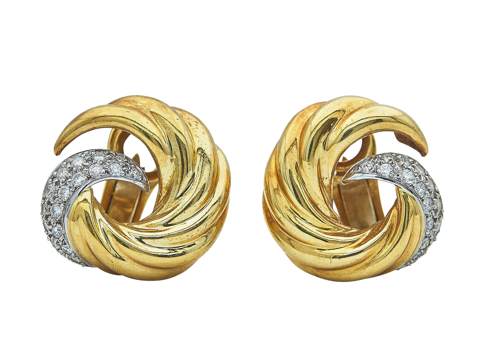 Verdura 18K Yellow Gold, Platinum, and Diamond Swirl Earrings: BRAND: Verdura; METAL: 18K Yellow Gold/Platinum; APPROXIMATE TOTAL DIAMOND WEIGHT: 1.05 ctw; STAMPED: Verdura, 18K; CONDITION: Pre-owned, Good; ITEM WEIGHT (GRAMS): 24.5 g; MEASUREMENTS: Earrings 13/1